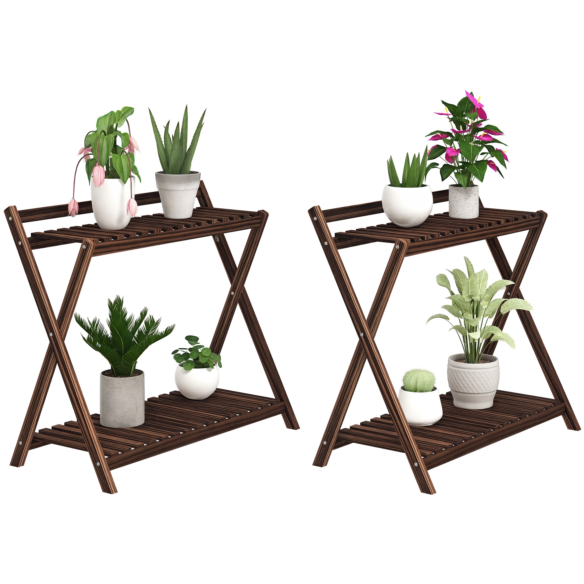Living & hol -  Set de 2 Suporturi pentru Plante cu 2 Niveluri, 73x36x64 cm, Maro