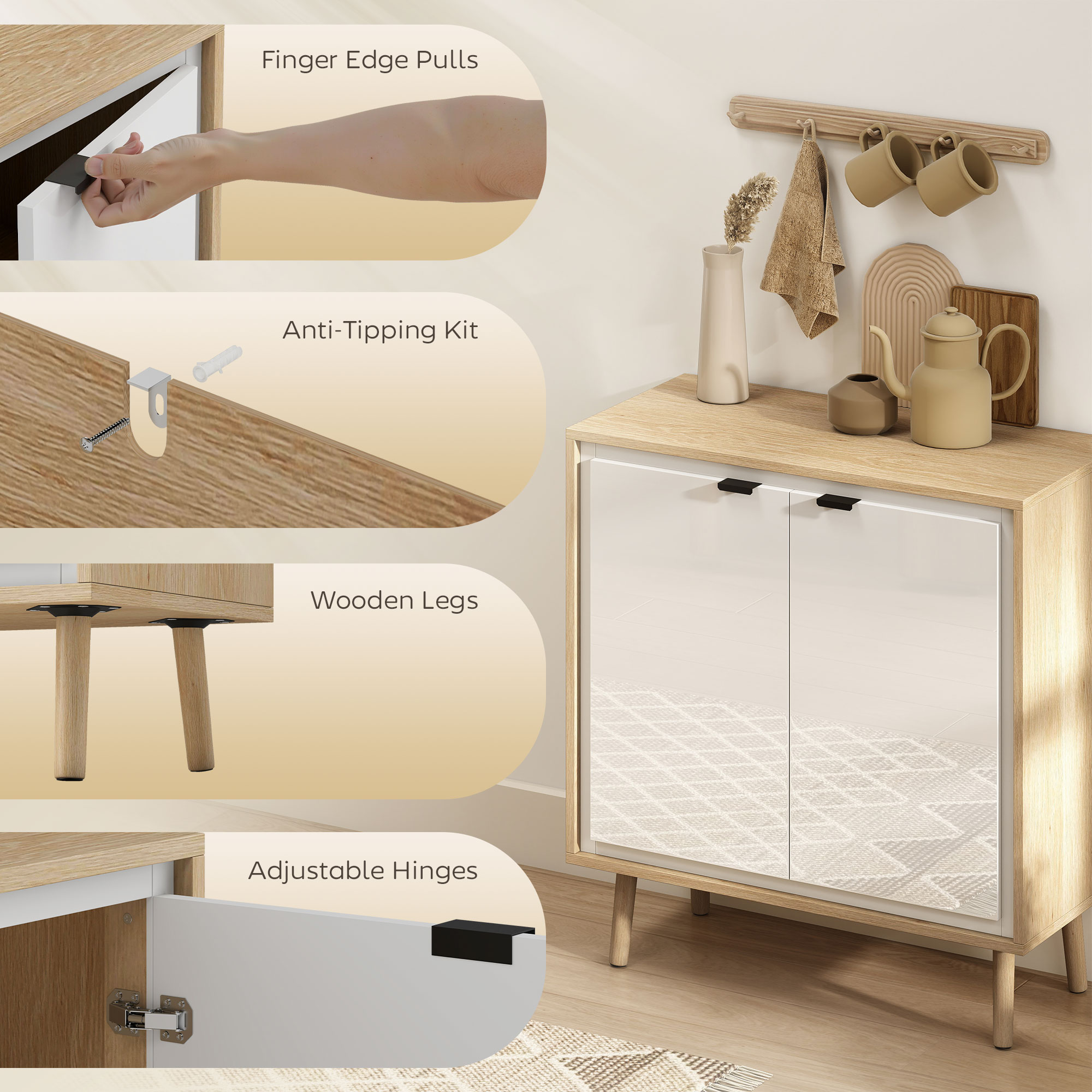  Dulap Modern cu 2 Usi si Raft Reglabil 72x35x77cm Alb si Stejar [5]