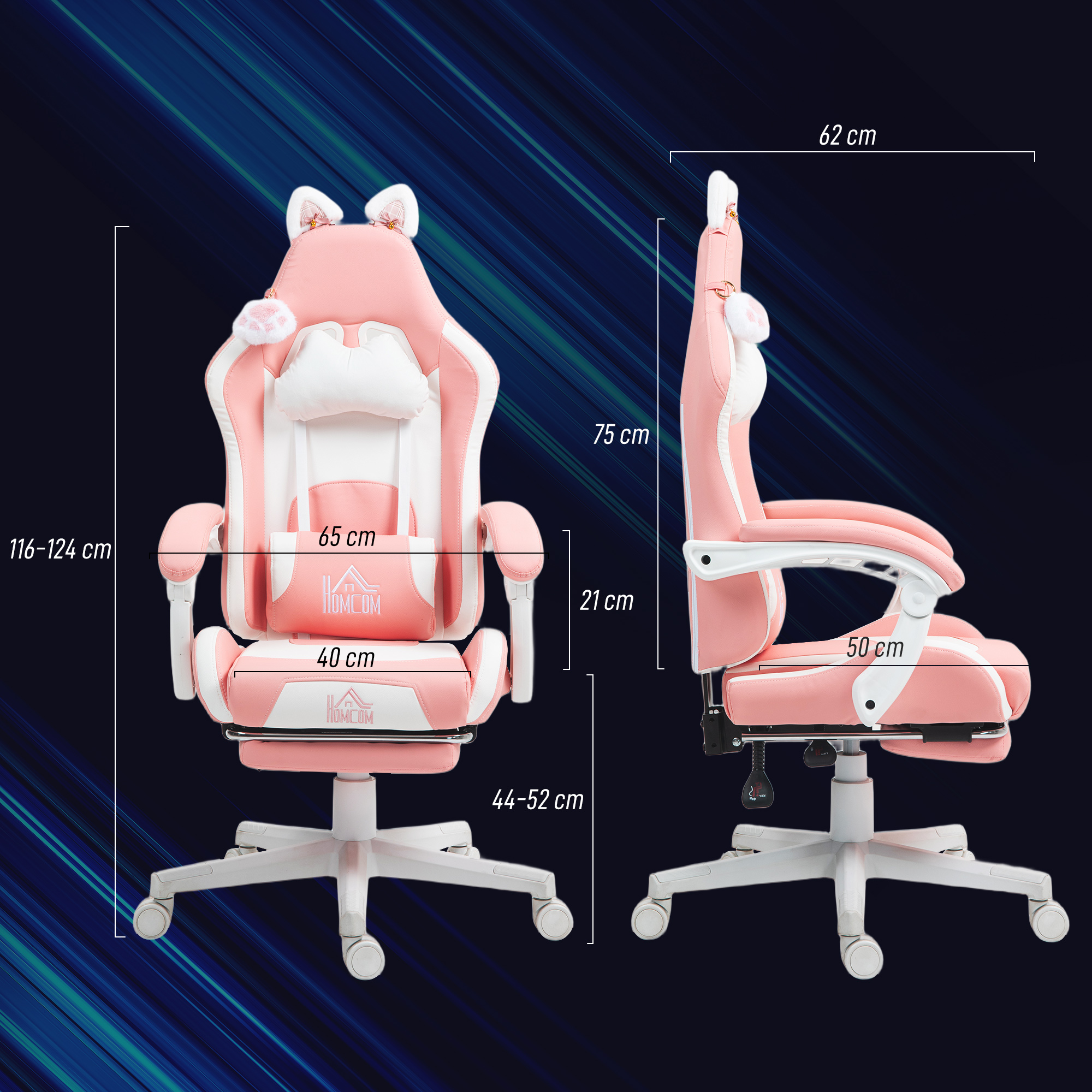  Scaun de Gaming Ergonomic cu Urechi de Pisica, Suport pentru Picioare, Suport Lombar si pentru Gat, Roz [2]