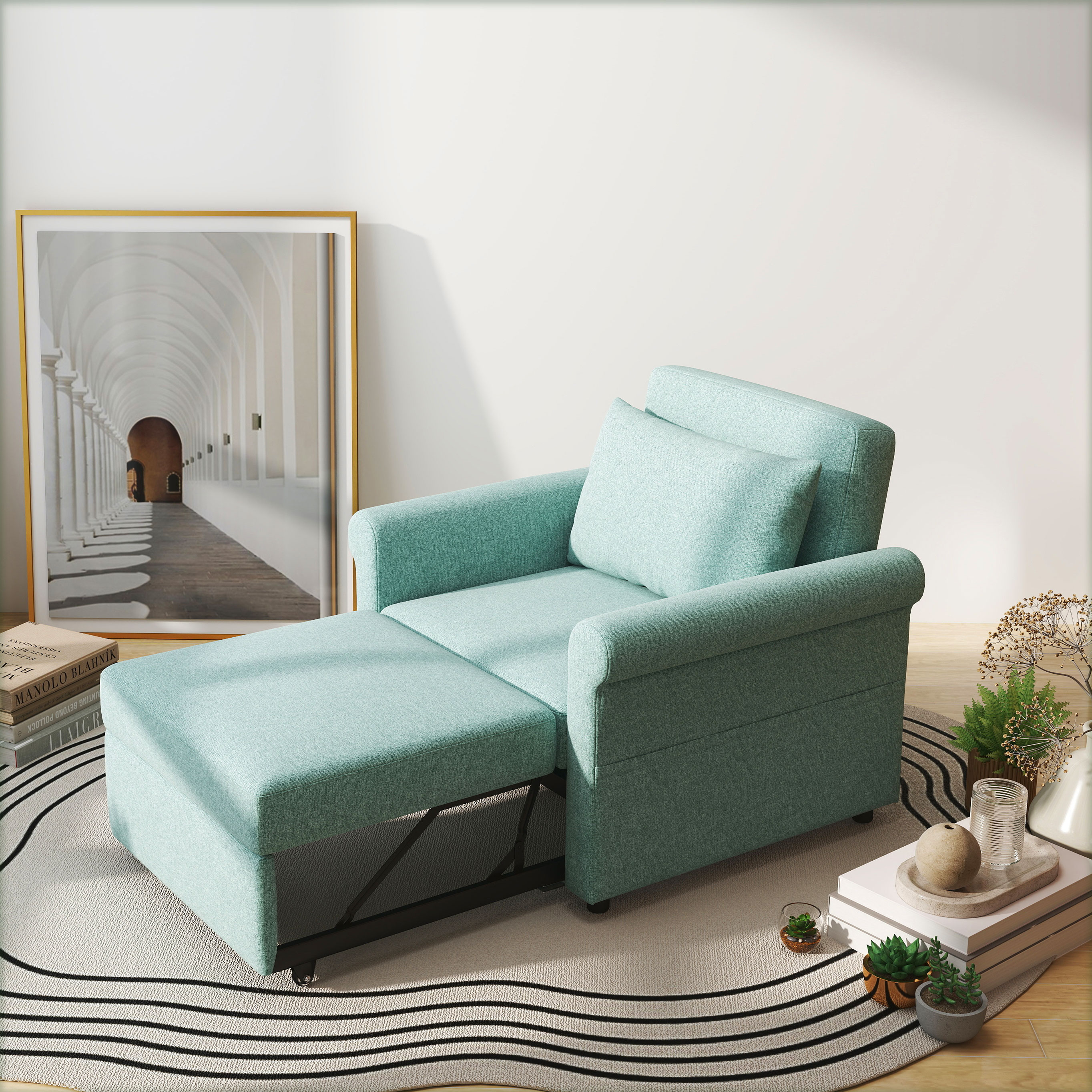  Fotoliu de un singur loc cu spatar reglabil in 4 pozitii, tesatura cu efect de lenjerie respirabila si sezut captusit, 96x84,5x87,5 cm, verde [1]