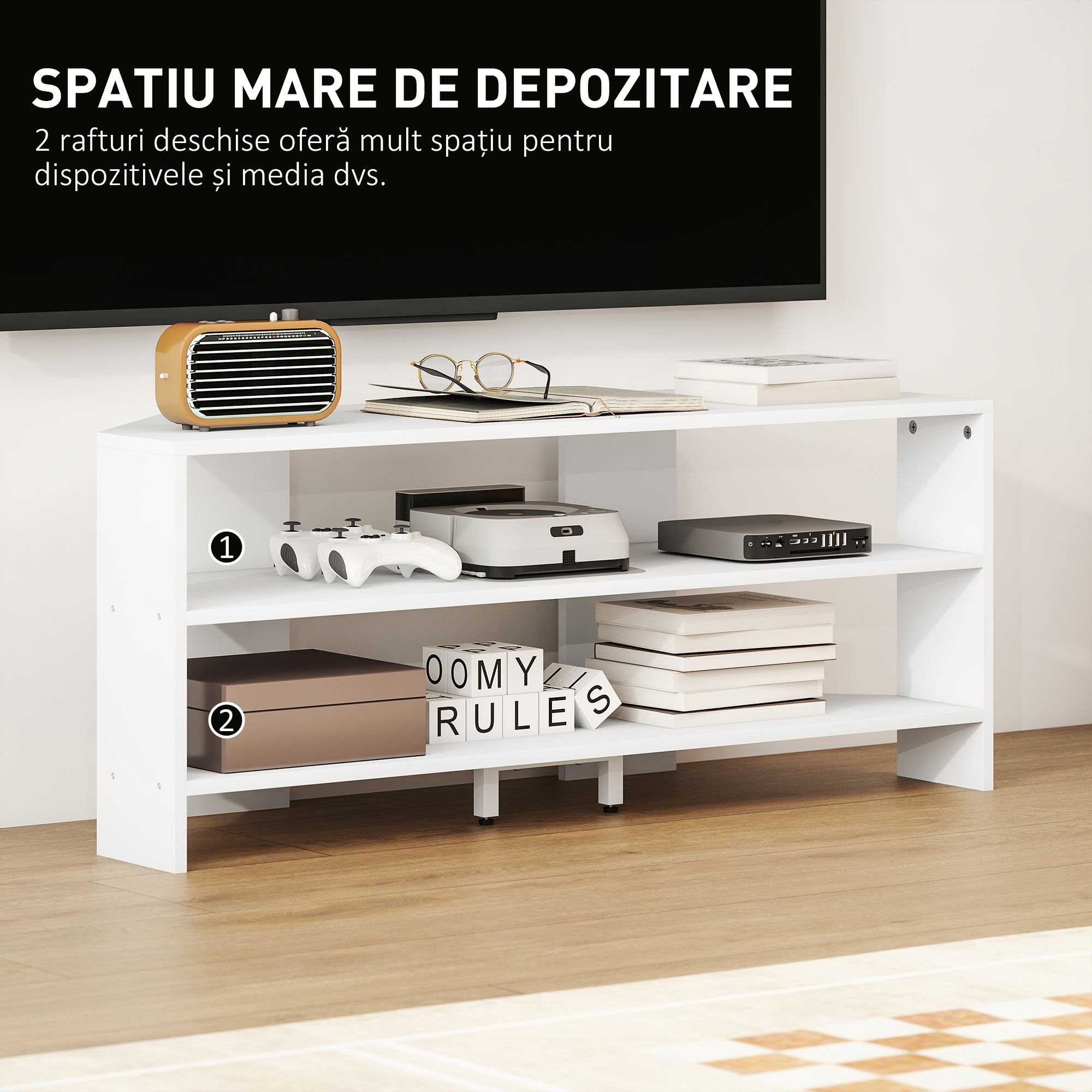  Comoda TV de Colt 47" max cu 2 Rafturi Deschise din Lemn Alb [4]
