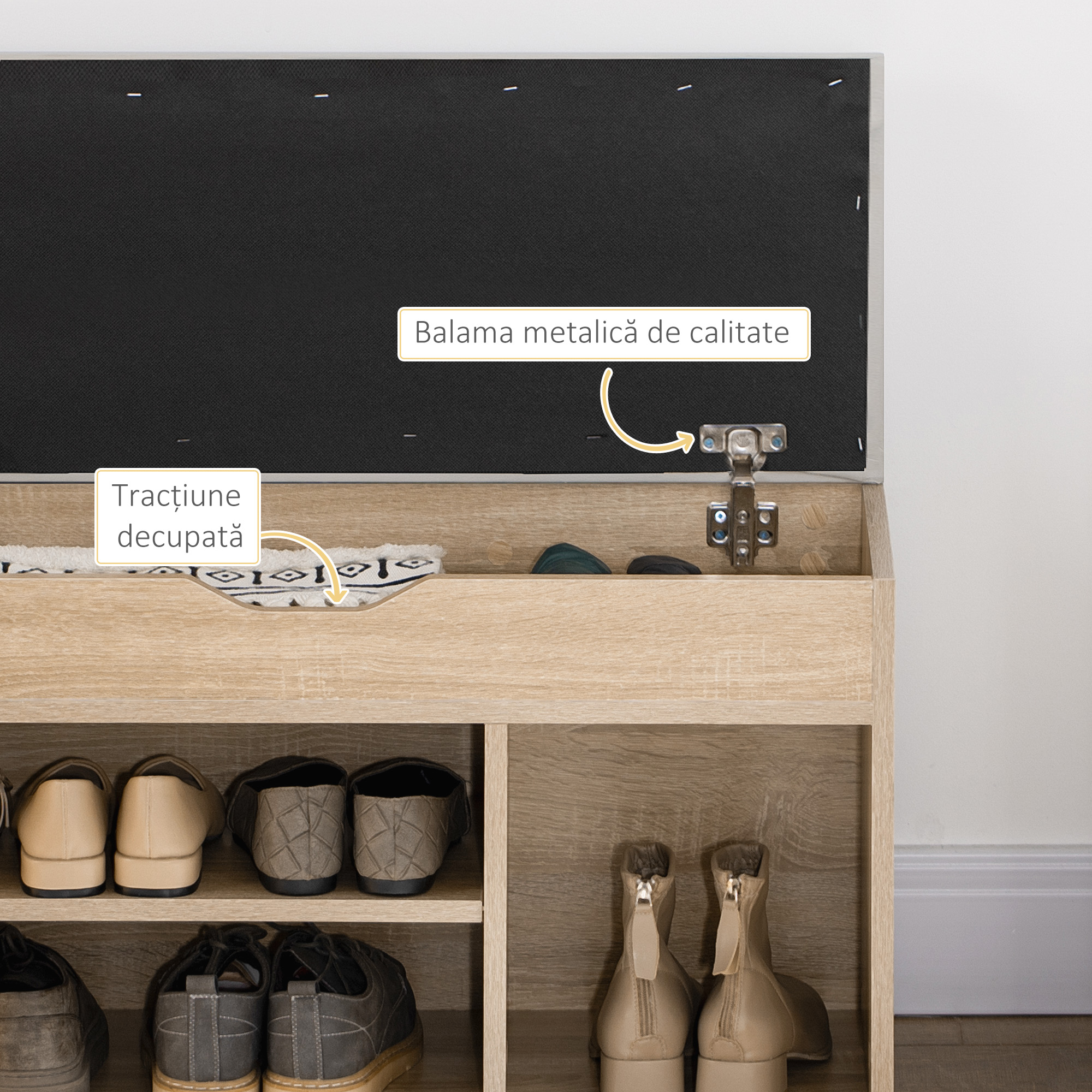  Banca pentru Pantofi cu 3 Compartimente, Spatiu Ascuns si sezut din Piele PU, 80x30x43 cm, Lemn Natural [5]