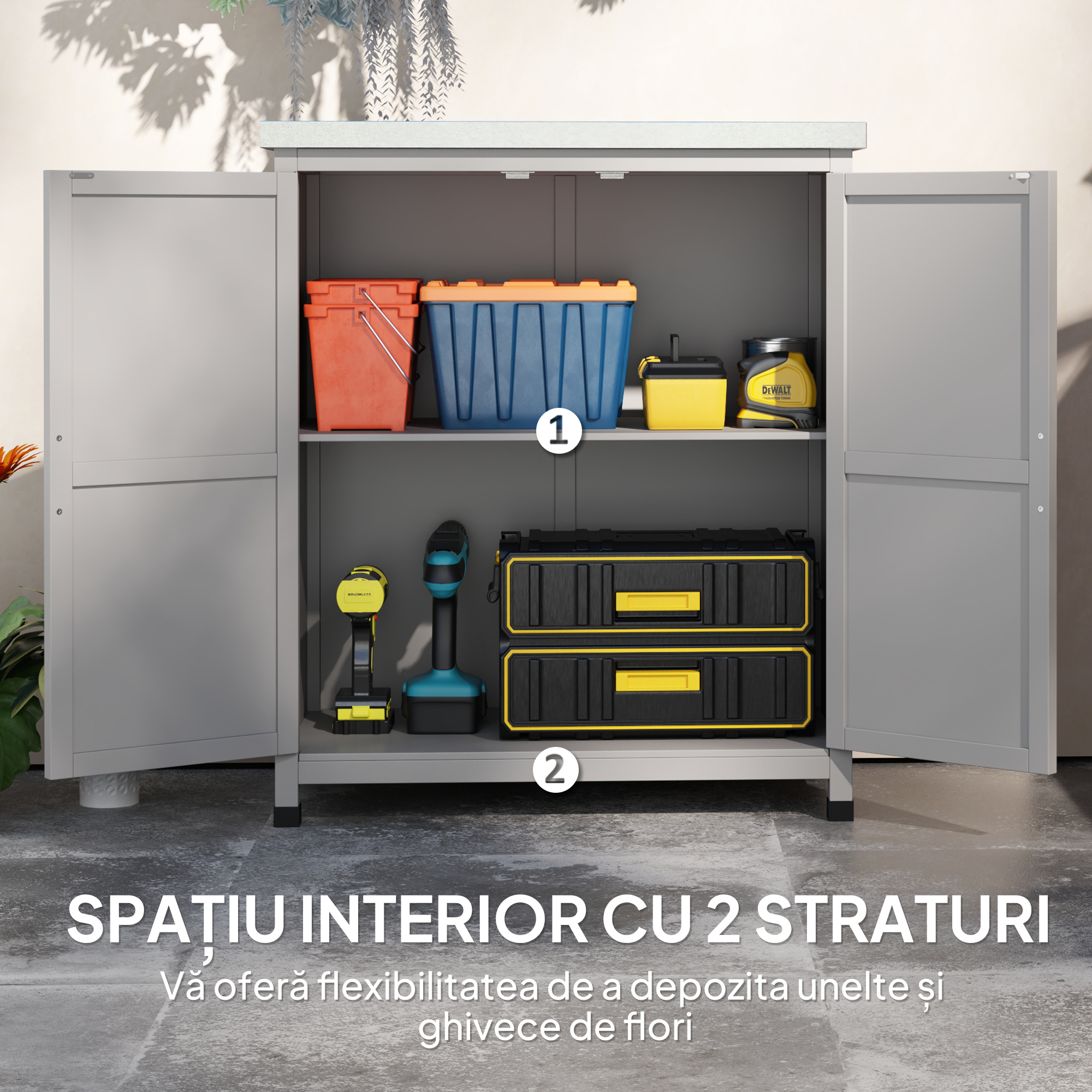  - Dulap de Depozitare pentru Exterior, Cutie de Depozitare din Lemn cu Blat Metalic si Rafturi, Banc de Lucru pentru Gradina cu Usi Duble, Gri [5]
