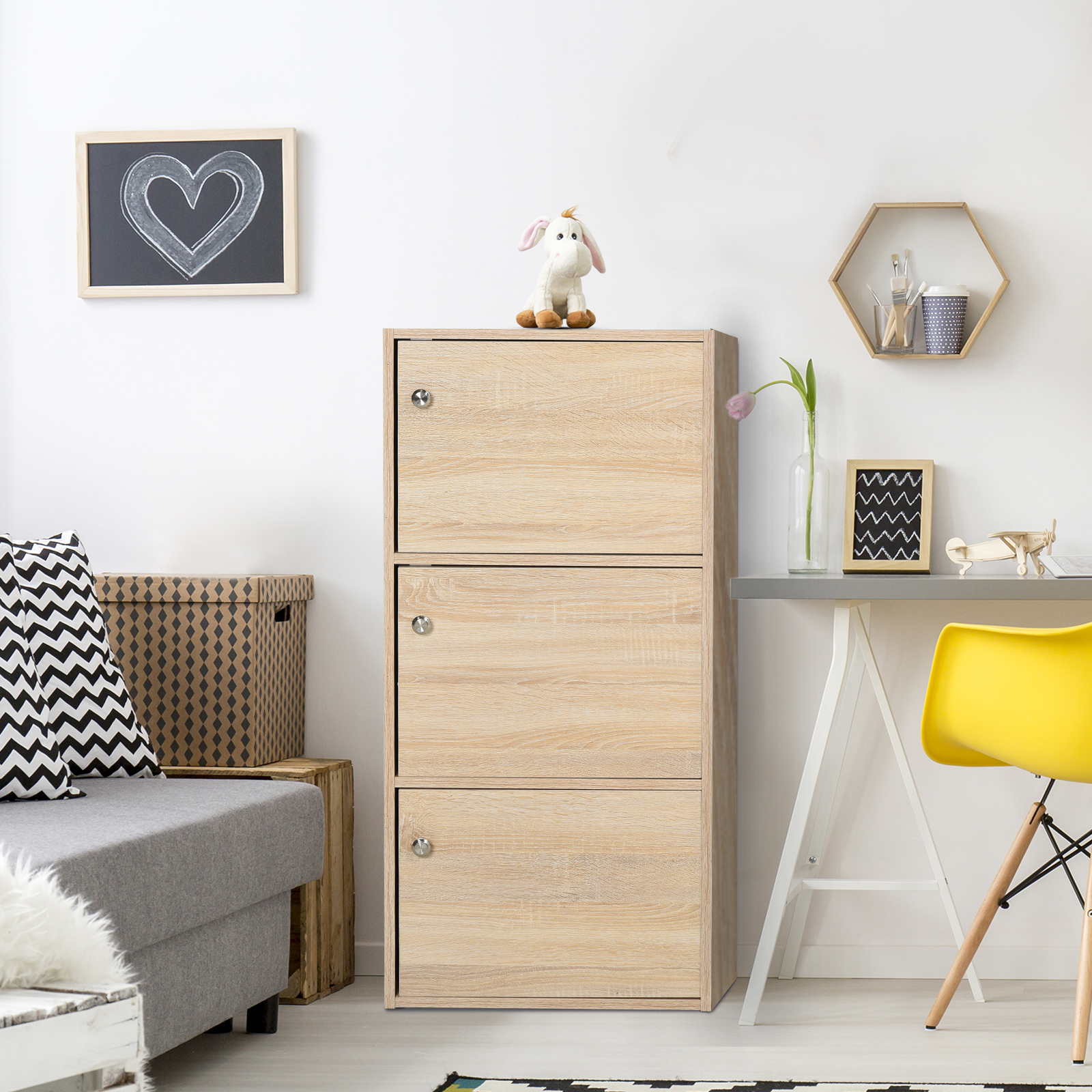  Dulap Multifunctional Lemn Natural - 3 Rafturi & Usi pentru Casa sau Birou [1]