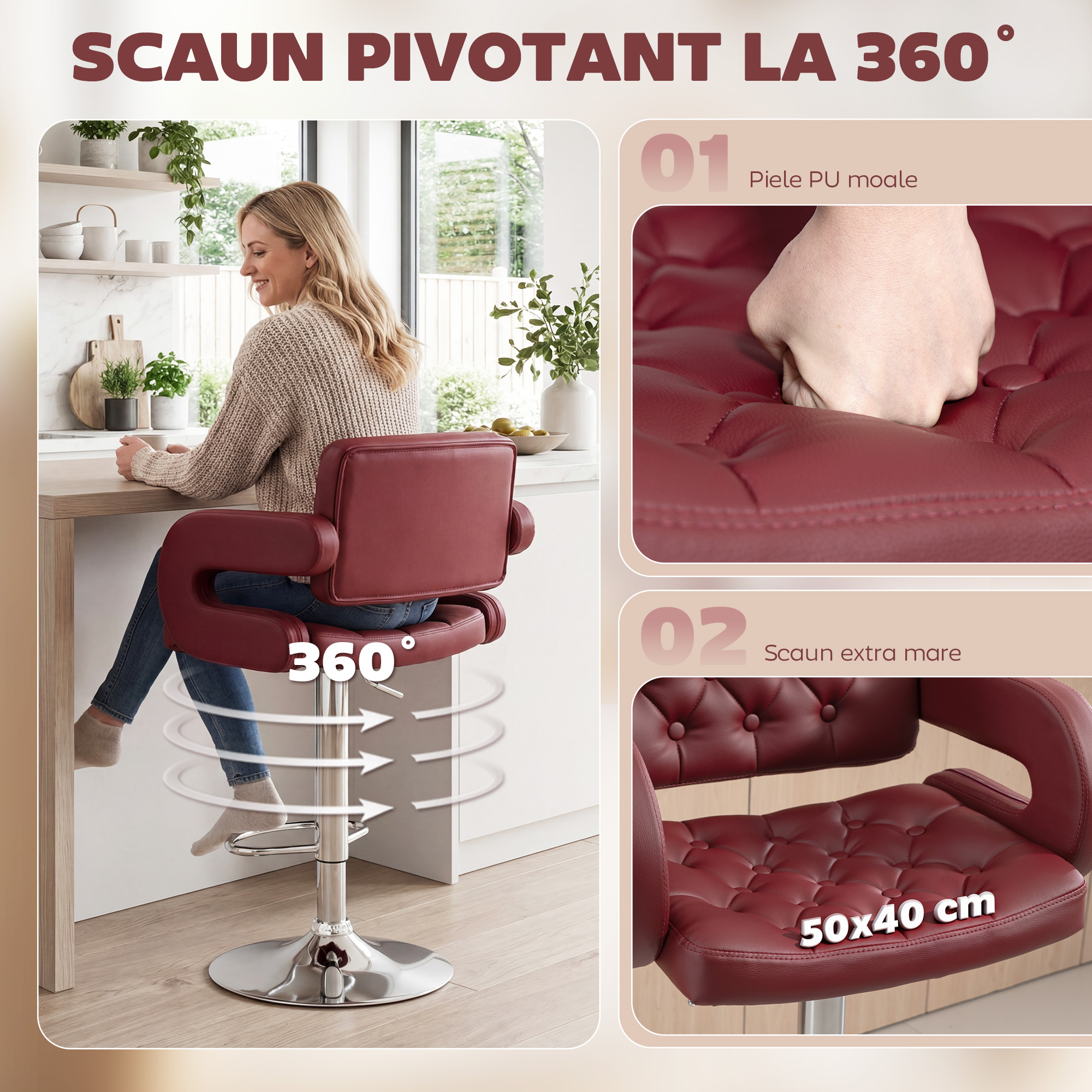  Scaun de Bar cu inaltime Reglabila, Scaun de Bucatarie inalt din PU cu Spatar, Suport pentru Picioare, Cotiere si sezut Confortabil, Structura Metalica, Rotativ la 360°, pentru Insula, Rosu Vin [4]