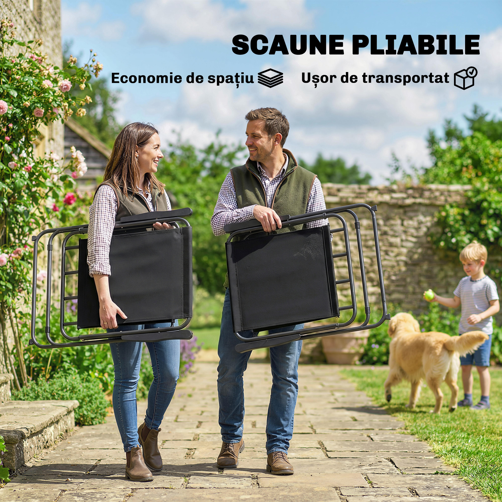  Set Gradina 8 piese cu Umbrela, 6 Scaune Pliabile si Masa din Sticla Temperata, Negru [3]