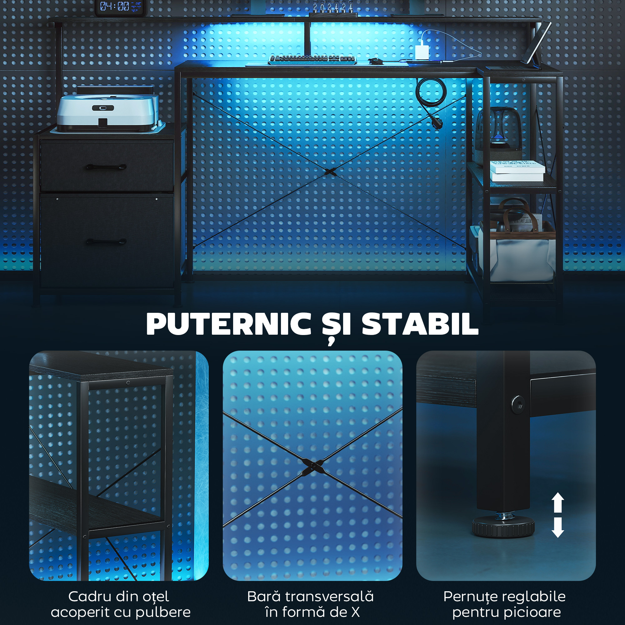  Birou Gaming cu Spatii de Stocare si 2 Suporturi pentru Monitoare, din Lemn si Otel, 165x80x91.5 cm, Negru [7]