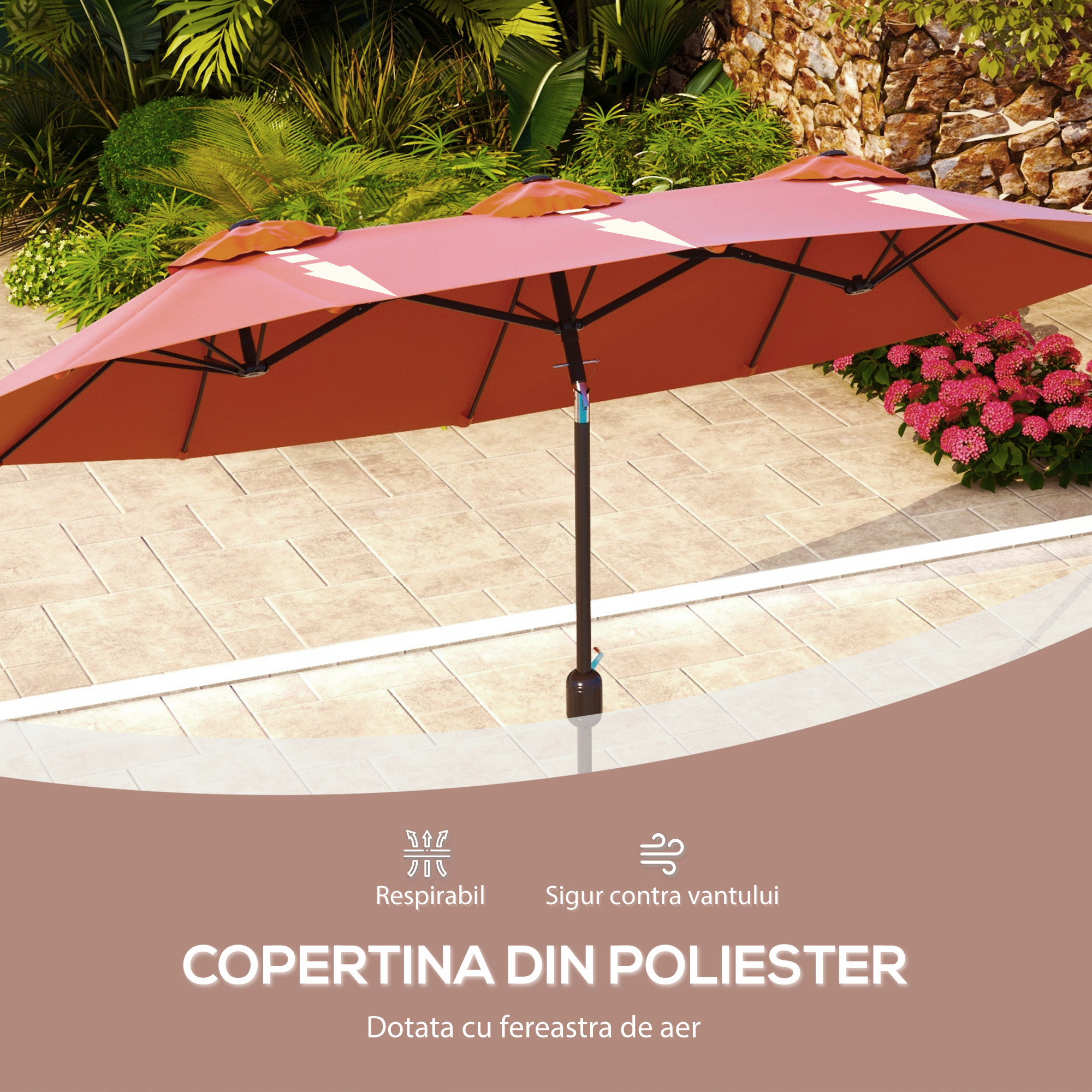  Umbrela de soare de gradina basculabila dubla cu deschidere cu manivela, copertina cu orificii de ventilatie si 12 nervuri, 295x152x222cm, rosu [6]