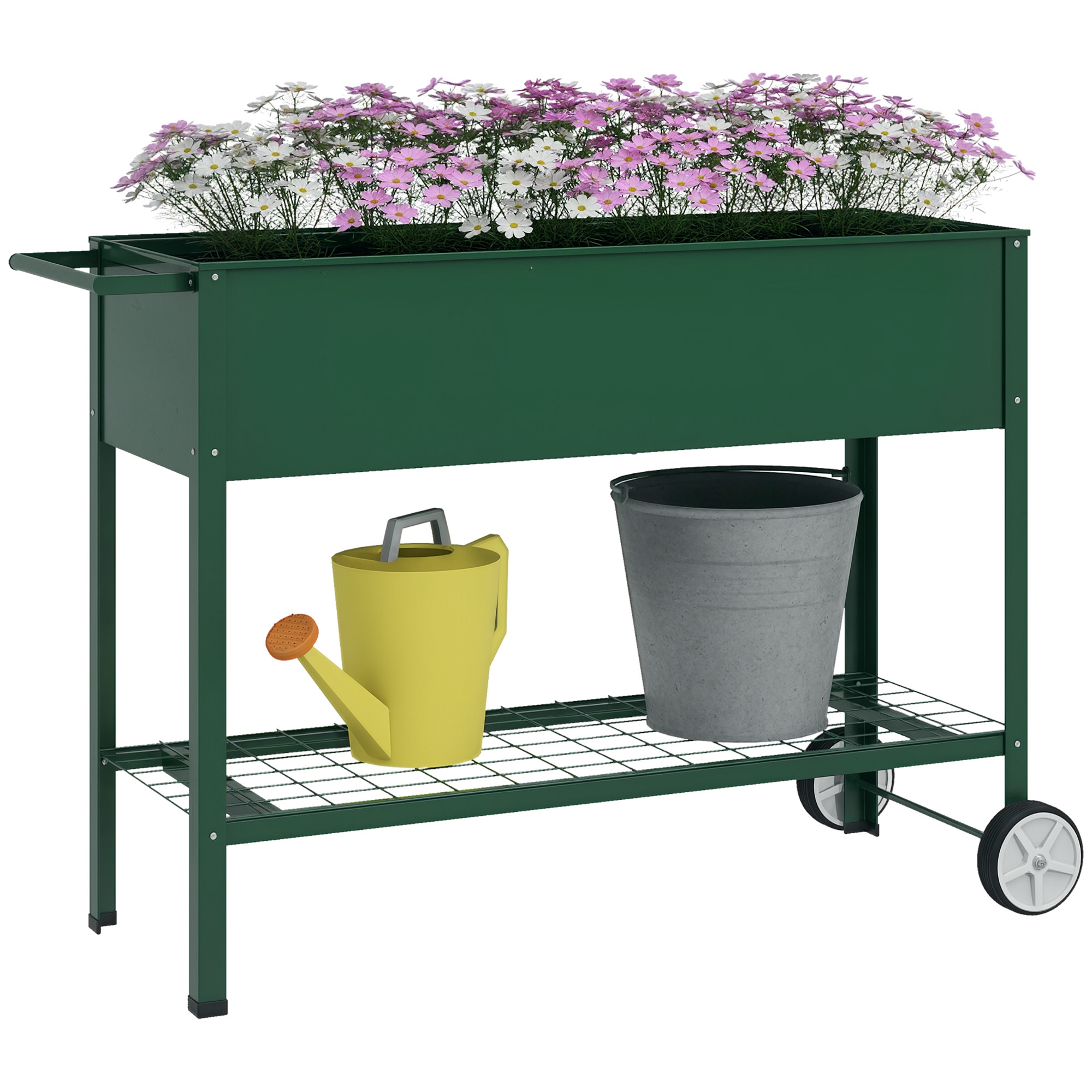 Living & hol -  Jardiniera Exterioara cu Raft Inferior pentru Unelte, Jardiniera Metalica cu 2 Roti si Maner, 109x44x80 cm, Verde