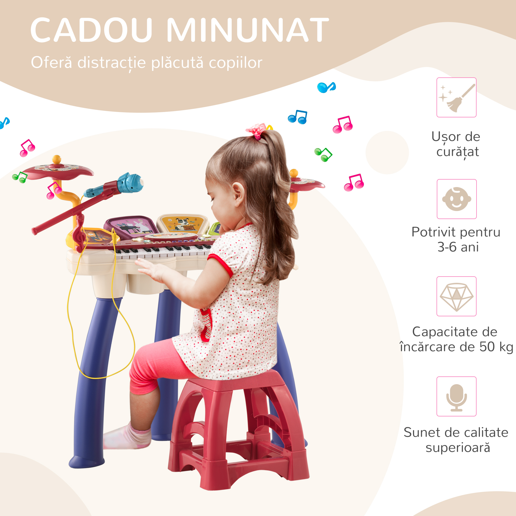  Orga Pian pentru Copii cu Set de Tobe Instrument Muzical Electronic cu Sunete Multiple Lumini Microfon Taburet pentru Fete si Baieti [6]
