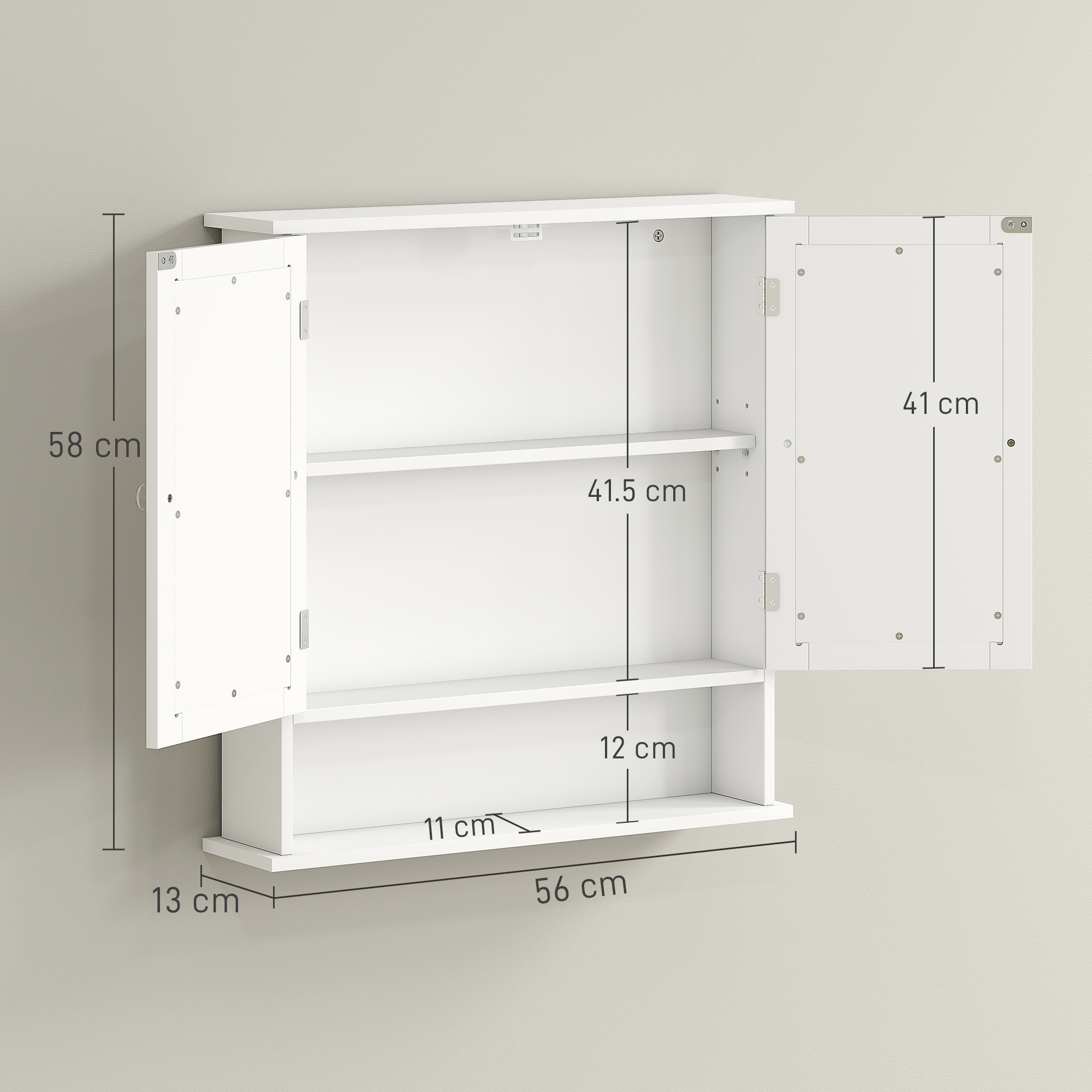  Dulap de Baie Suspendat cu 2 Usi cu Oglinda si Raft Deschis, 56x13x58 cm, Alb [2]