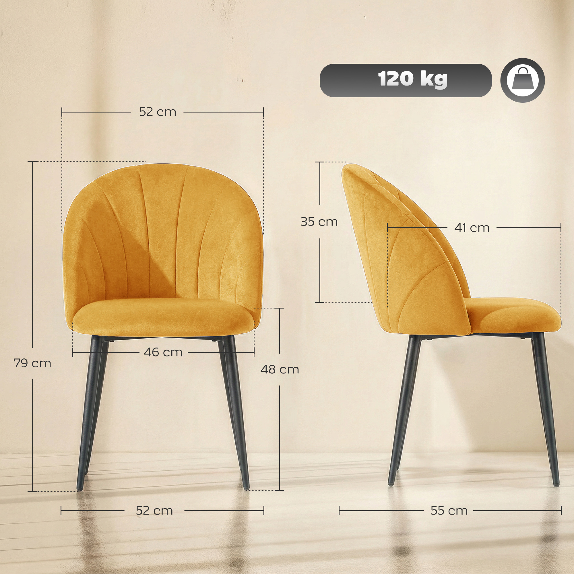  Set de 2 Scaune pentru Sufragerie din Catifea, Scaune pentru Bucatarie cu Spatar Curbat in Forma de Scoica, Picioare din Otel, Stil Nordic, Scaune Captusite pentru Bucatarie, Dormitor, Living, Galben [2]