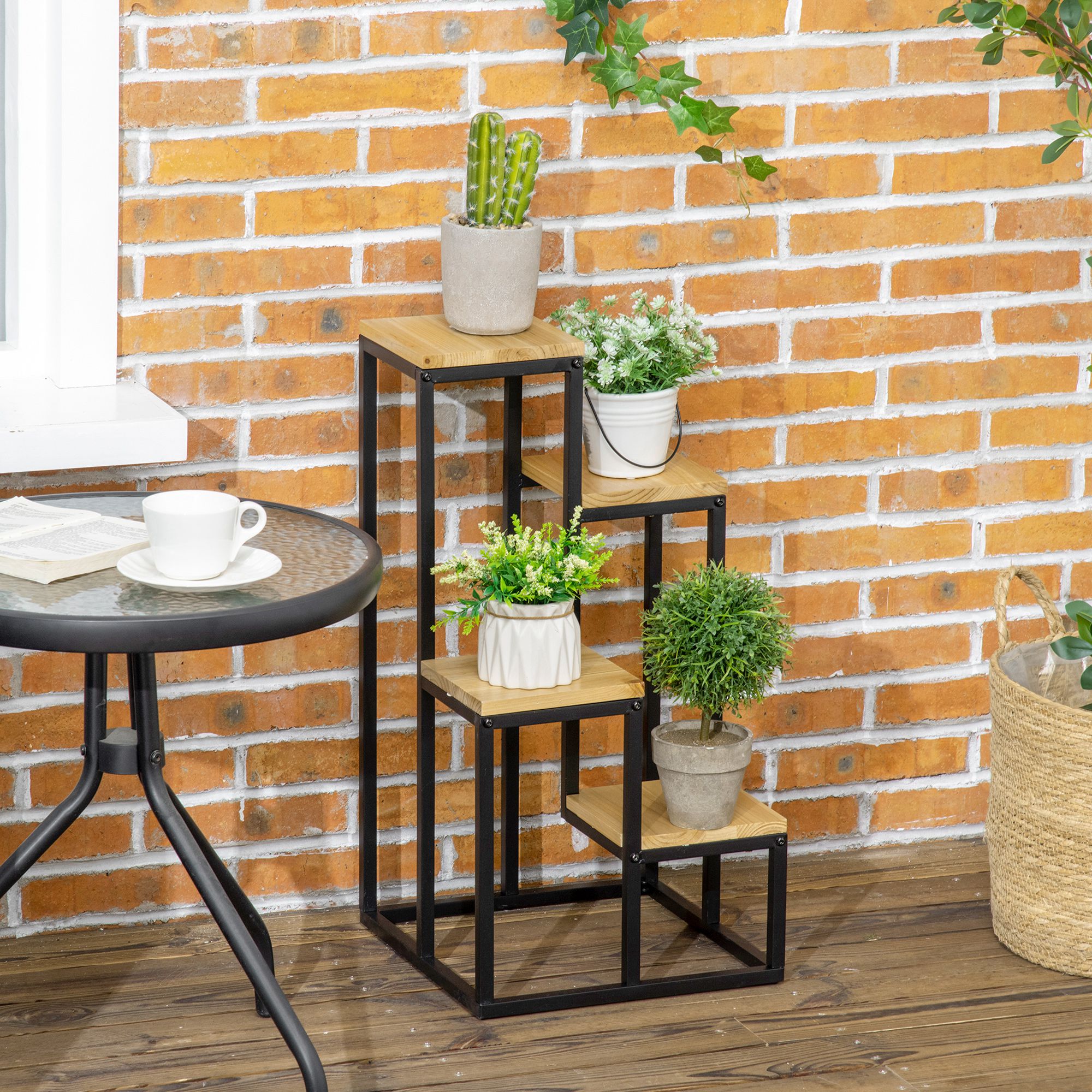  Raft pentru Plante cu 4 niveluri din Metal si Lemn de Brad pentru Interior si Exterior, 34x34x66 cm, Natural [1]