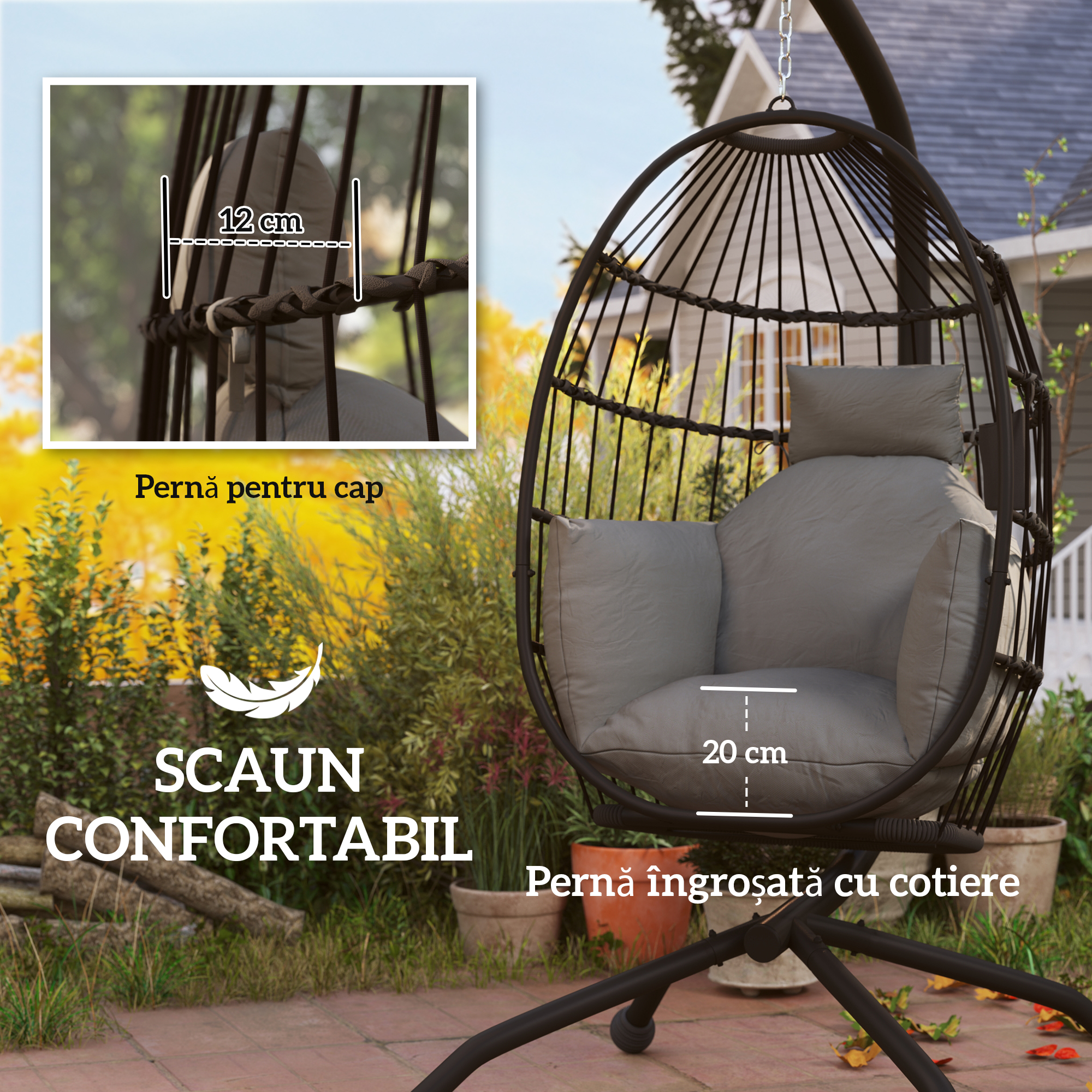  Scaun Suspendat in Forma de Ou cu Cos Pliabil si Perna Groasa, 120x88x192 cm, Negru [3]