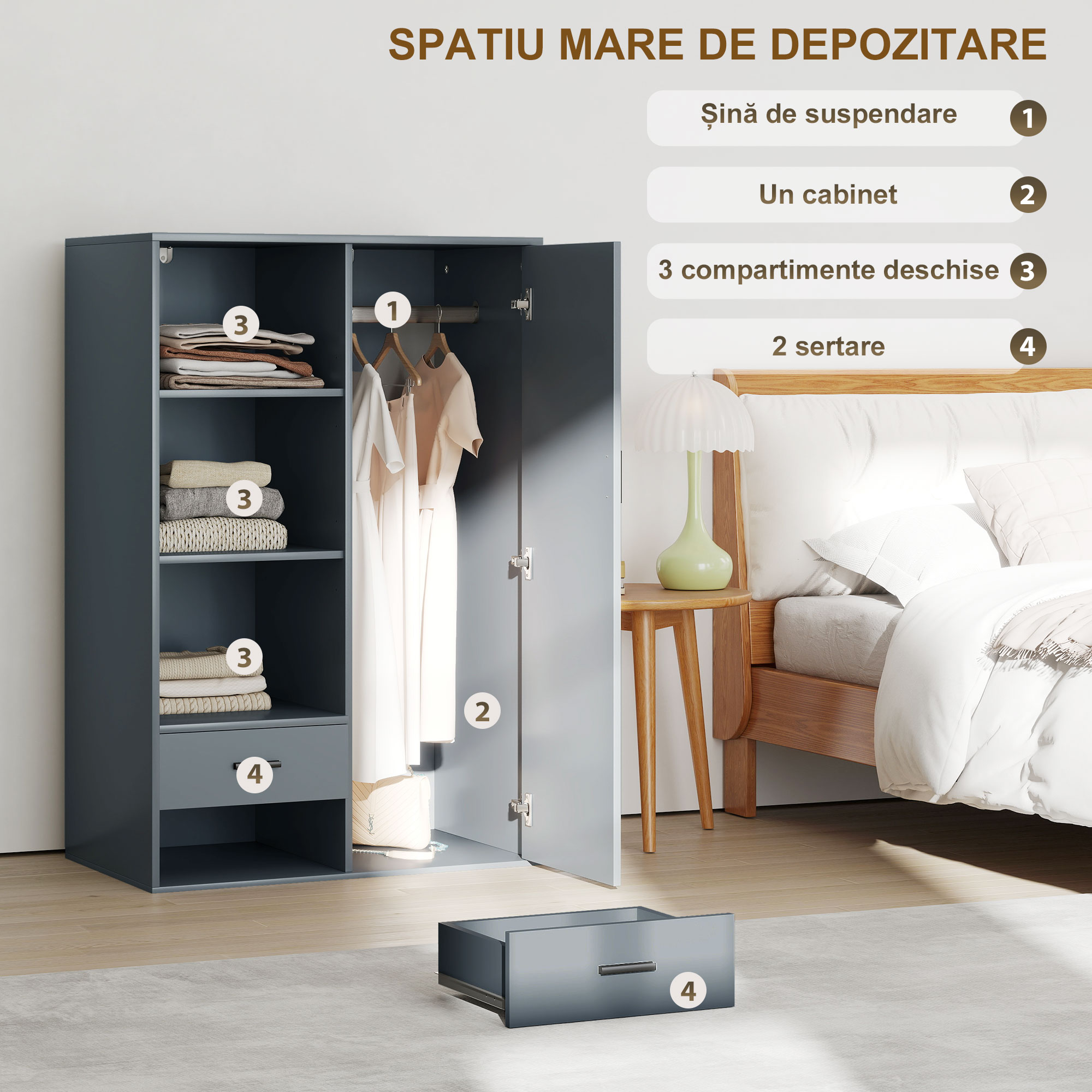  Dulap cu 2 Sertare, Rafturi Deschise si Bara Umerase, Gri [3]