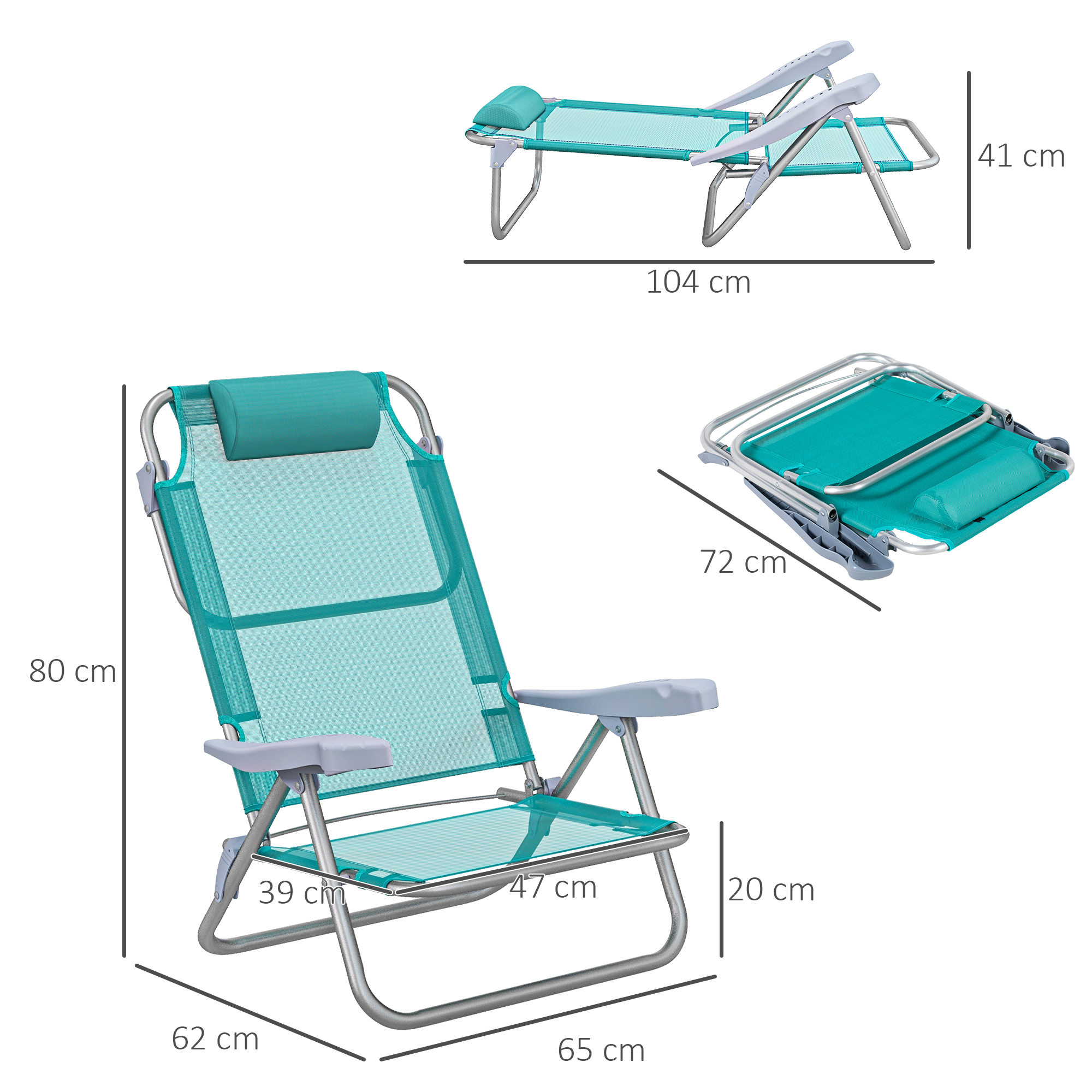 Set 2 Scaune de Camping Pliabile cu Tetiera Captusita si Spatar Reglabil in 6 Pozitii, 62x65x80 cm, Albastru [2]