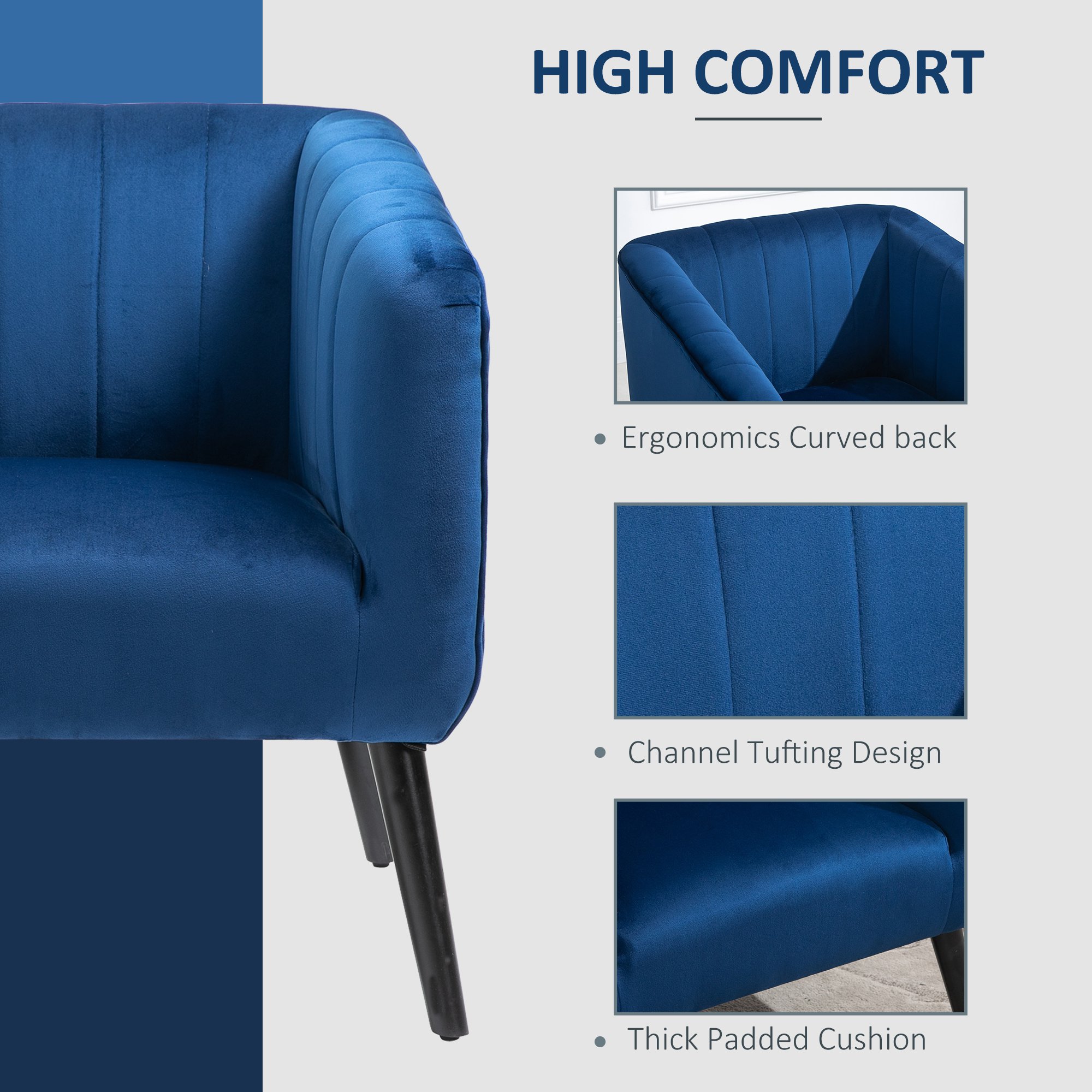  Fotoliu Modern Stil Nordic Invelis din Catifea si Picioare din Lemn, Albastru, 70.5x70x76cm [5]