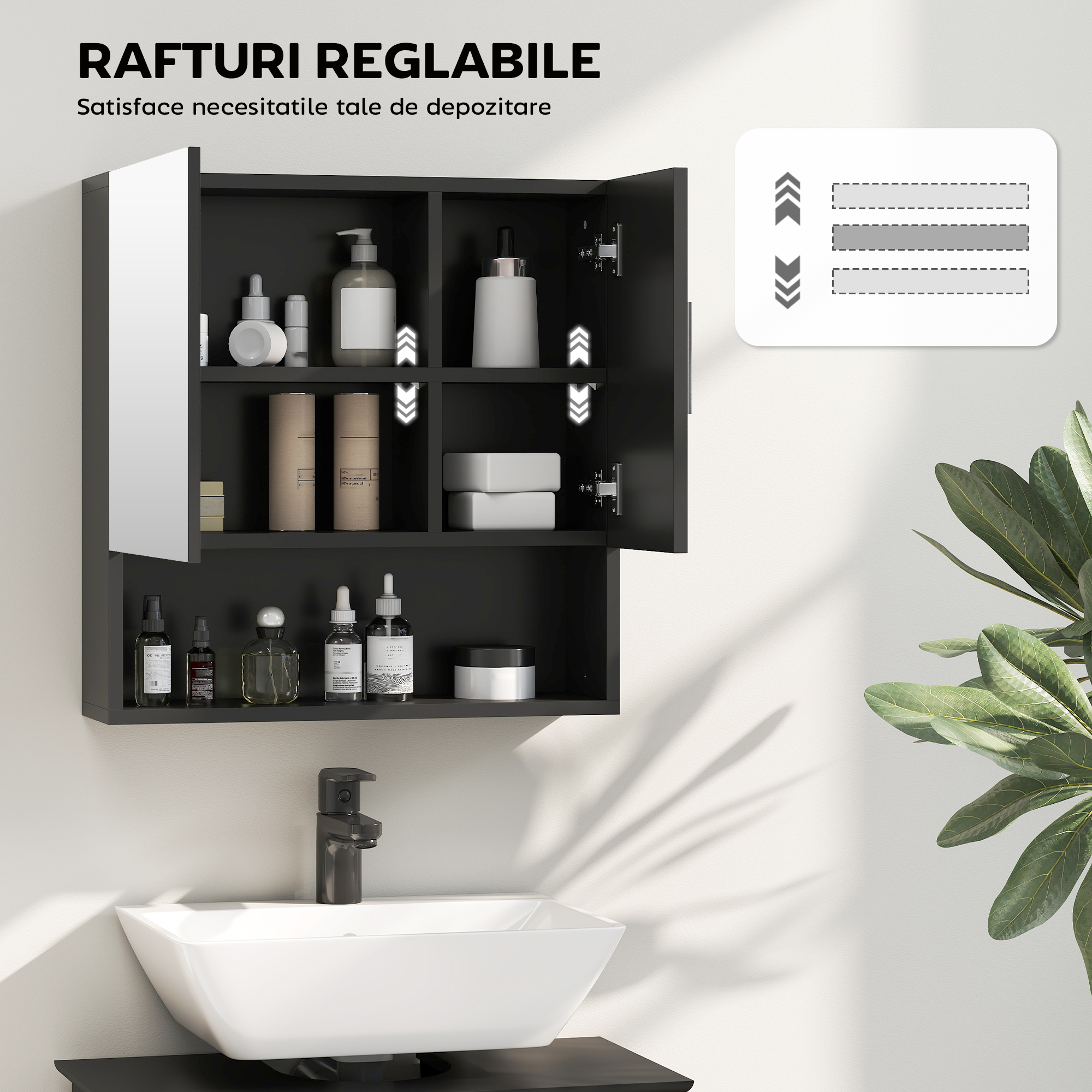  Dulap cu Oglinda pentru Baie 2 Usi si Raft Deschis 54x15.2x55.3 cm Negru [5]