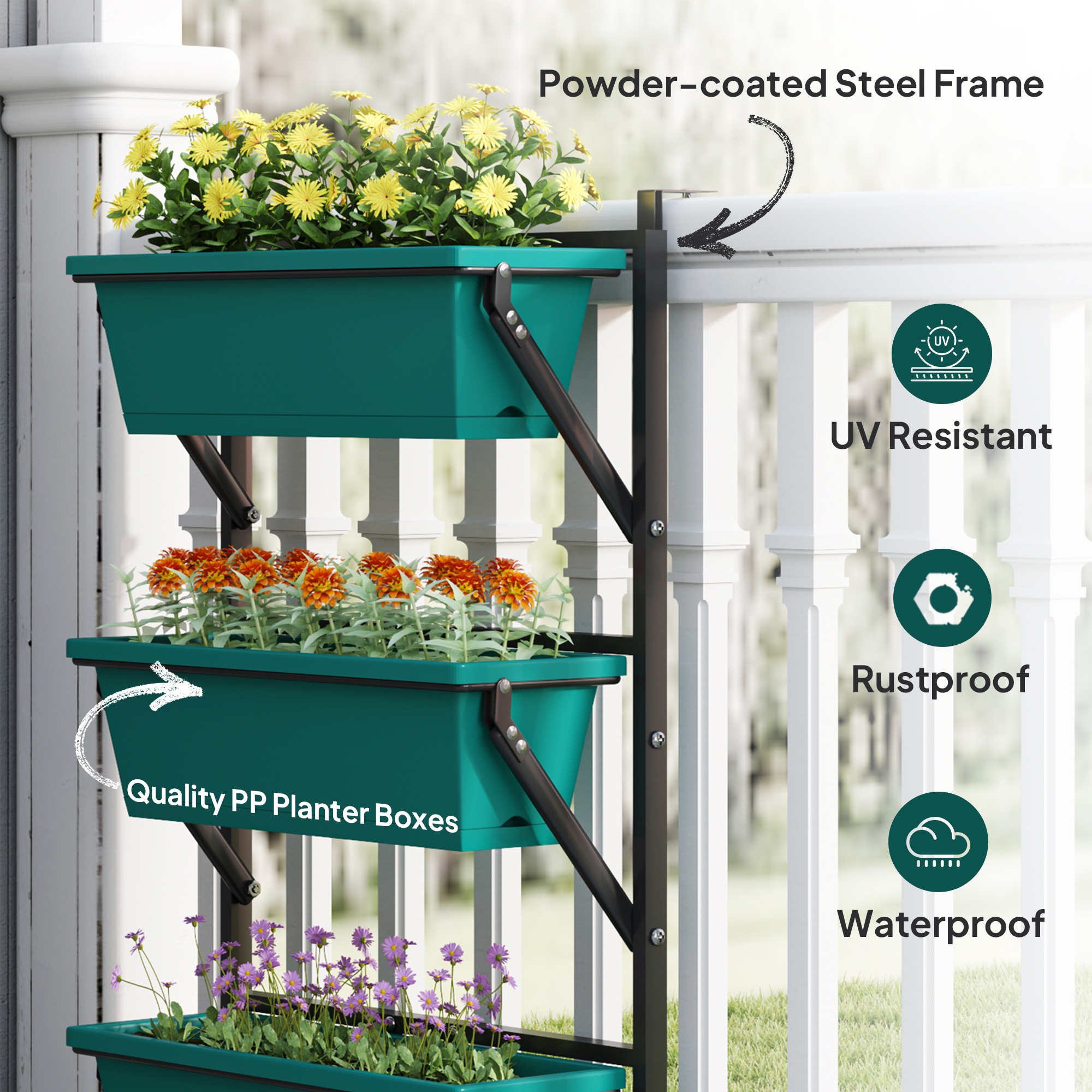  Jardiniera Verticala pentru Exterior cu 3 Niveluri si Ghivece cu Orificii de Drenaj, 56x42x100 cm, Verde [6]