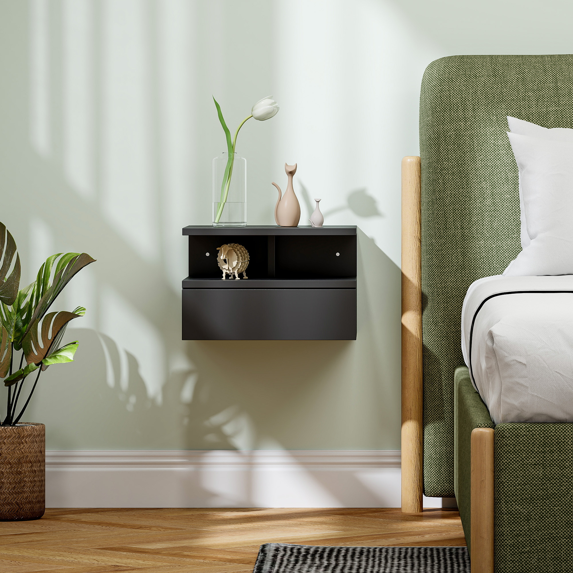  Noptiera suspendata pentru dormitor cu sertar si raft din lemn, 35x32x22.5cm, negru [5]