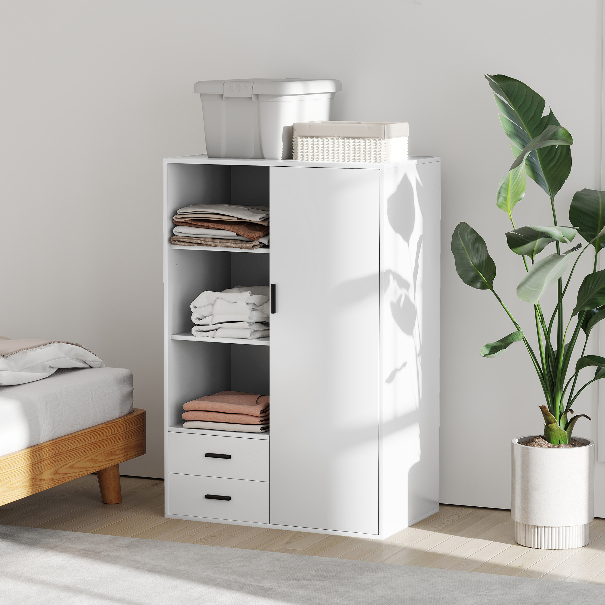  Dulap Modern cu 2 Sertare, Rafturi Deschise si Suport pentru Haine Alb [7]