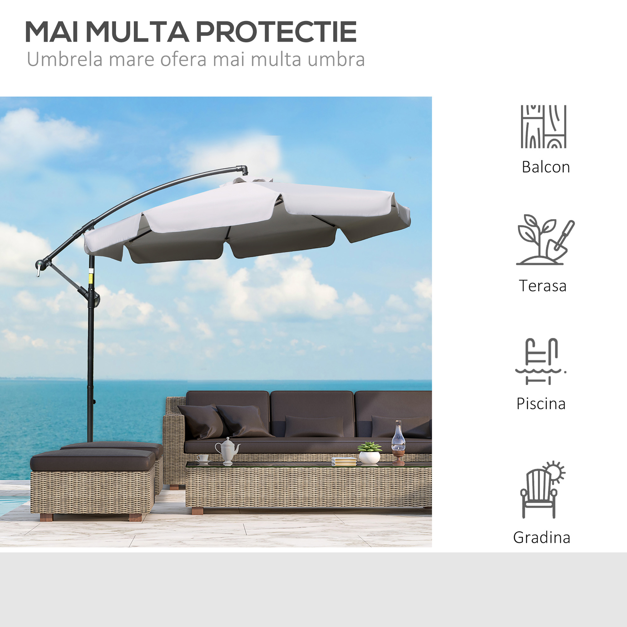  Umbrela de gradina suspendata cu deschidere cu manivela, din metal si poliester, Ø2,7x2,7 m, gri [6]