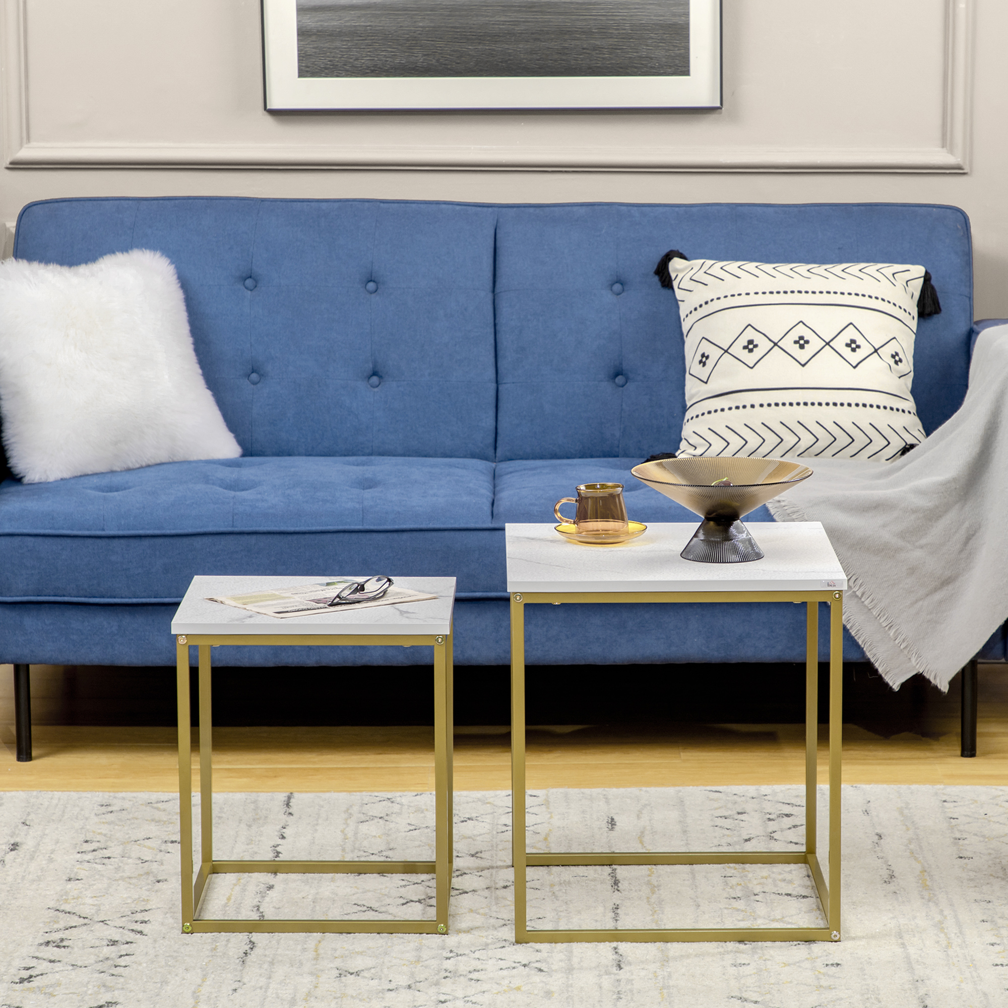  Set de 2 mese patrate, set de mese de cafea stivuite cu cadru din otel, masa de cafea moderna pentru camera de zi, camera de pat, alb [6]