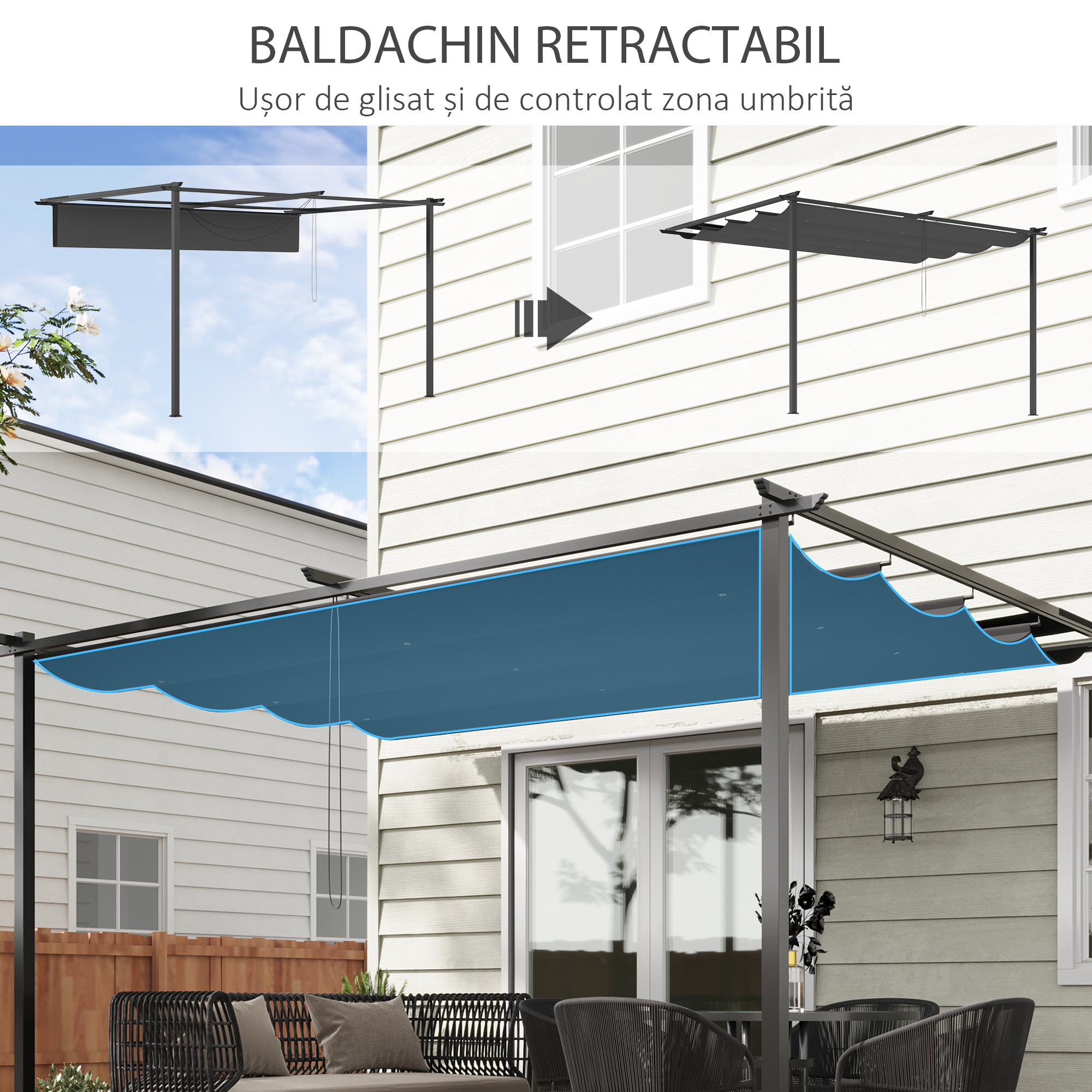  Foisor tip pergola din otel si poliester cu acoperis de protectie culisant, suruburi si carlige incluse, 390x290x220 cm, gri [3]