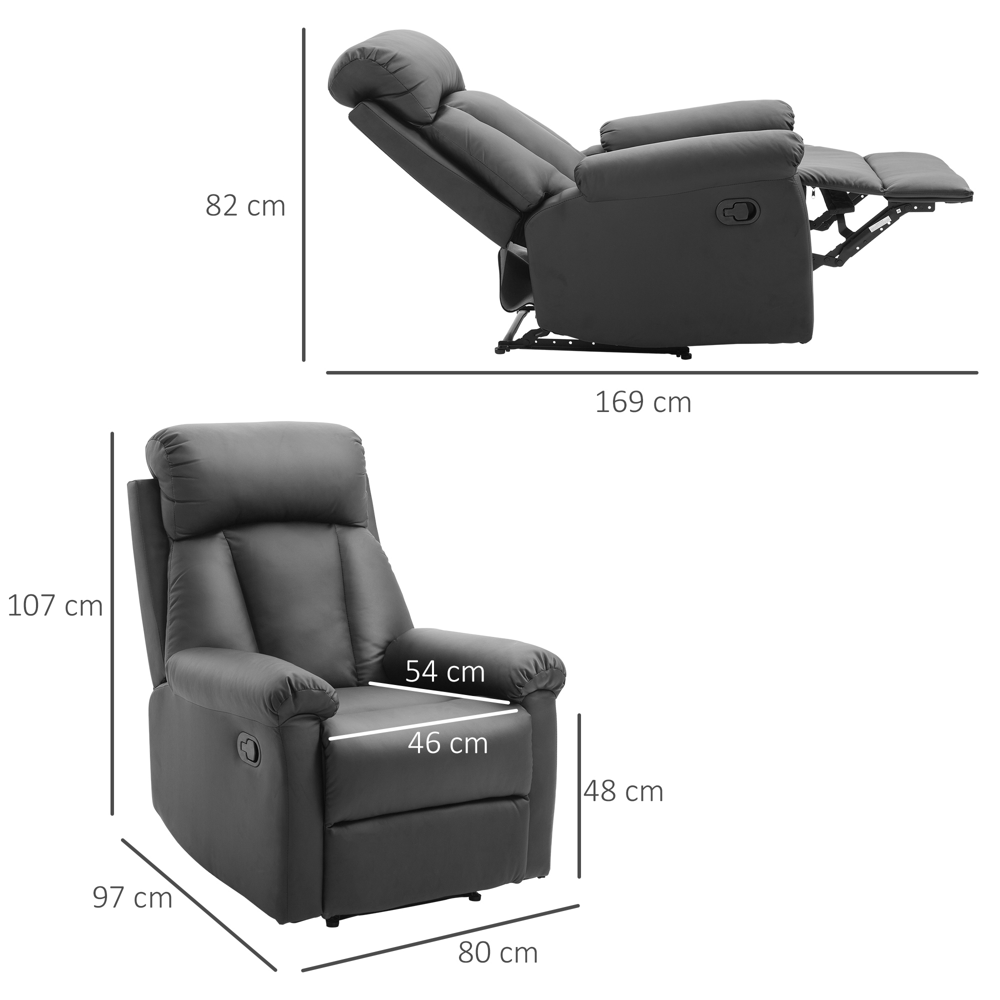  Fotoliu Relax Rabatabil cu Captuseala Ergonomica cuTaburet in Piele Ecologica,80 × 97 × 107cm Negru [2]