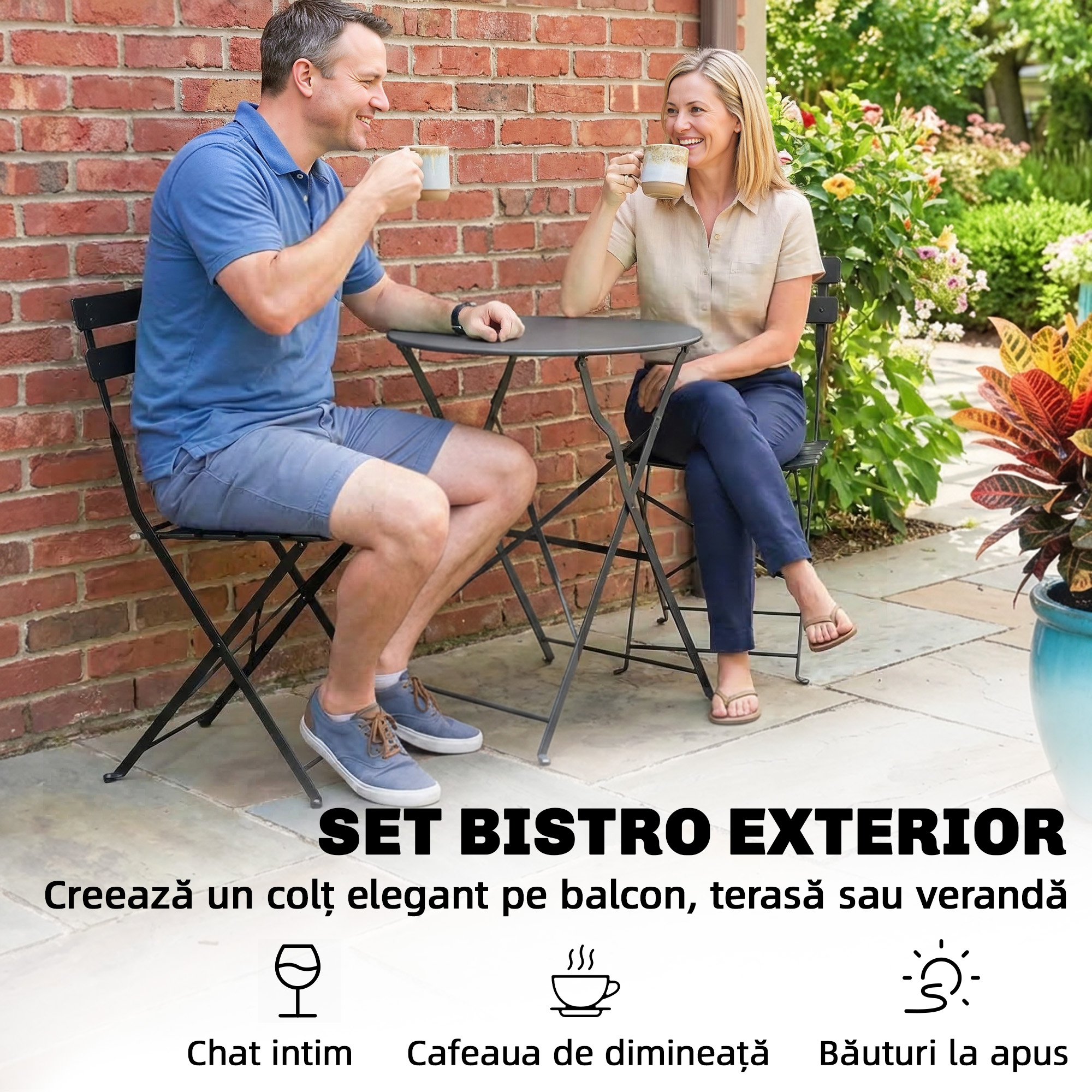  Set Bistro Exterior, Mobilier Pliabil cu Masa si 2 Scaune, Negru [3]