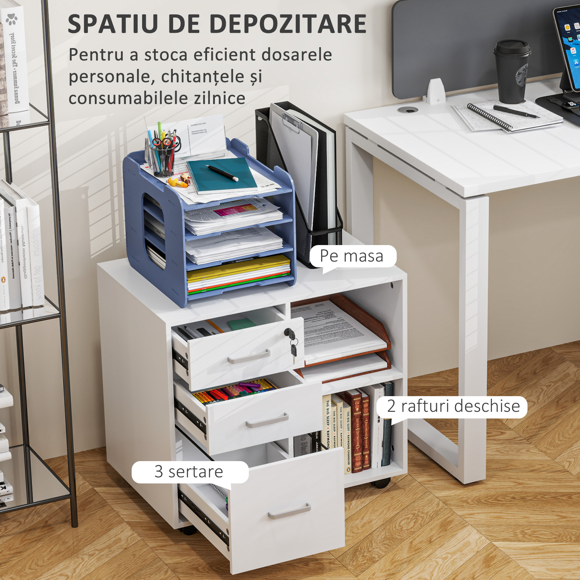  Dulap cu Sertare pentru Birou, Suport pentru Documente cu 3 Sertare cu incuietoare si Chei, 60x40x56 cm, Alb [3]