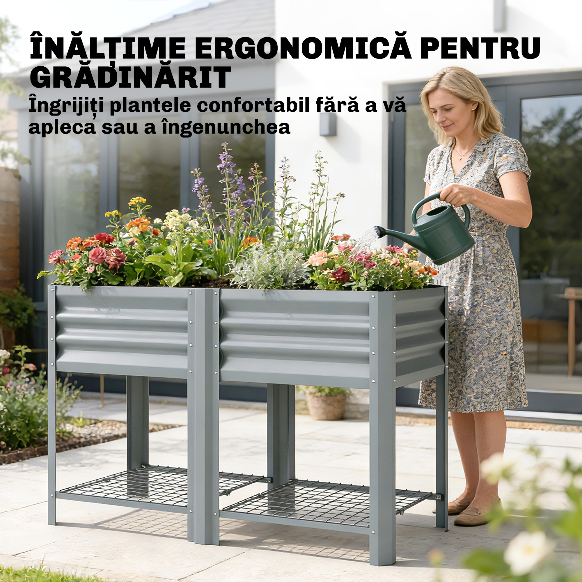  Jardiniera Ridicata cu Raft de Depozitare, 150L, Otel Galvanizat, inaltime 80 cm, pentru Gradina sau Terasa [5]