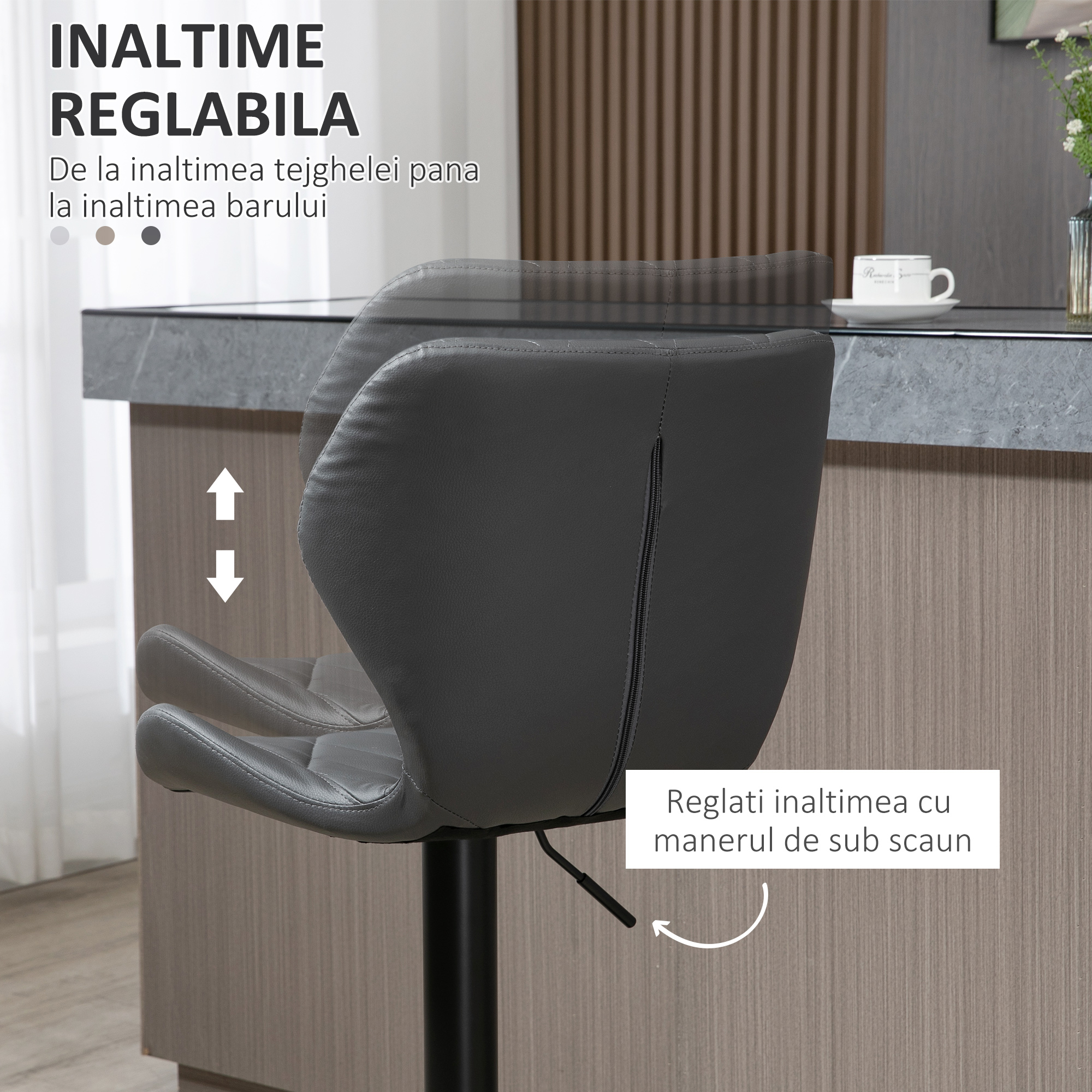  Set 2 Scaune Bar din Piele Sintetica Reglabile Gri [4]