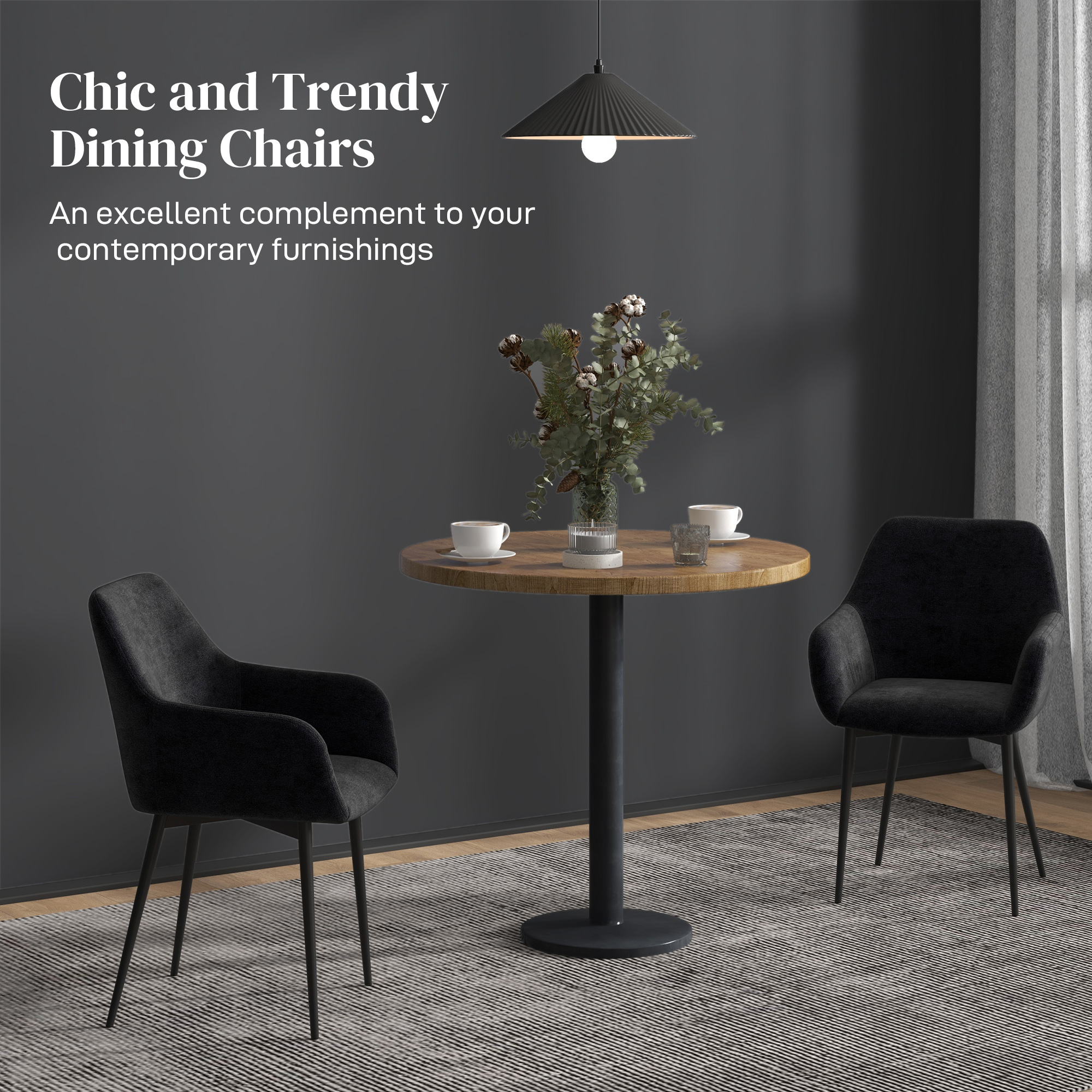  Set 2 Scaune Tapitate in Stil Nordic cu Brate si Picioare din Otel pentru Sufragerie, 54x57x80 cm, Negru [3]