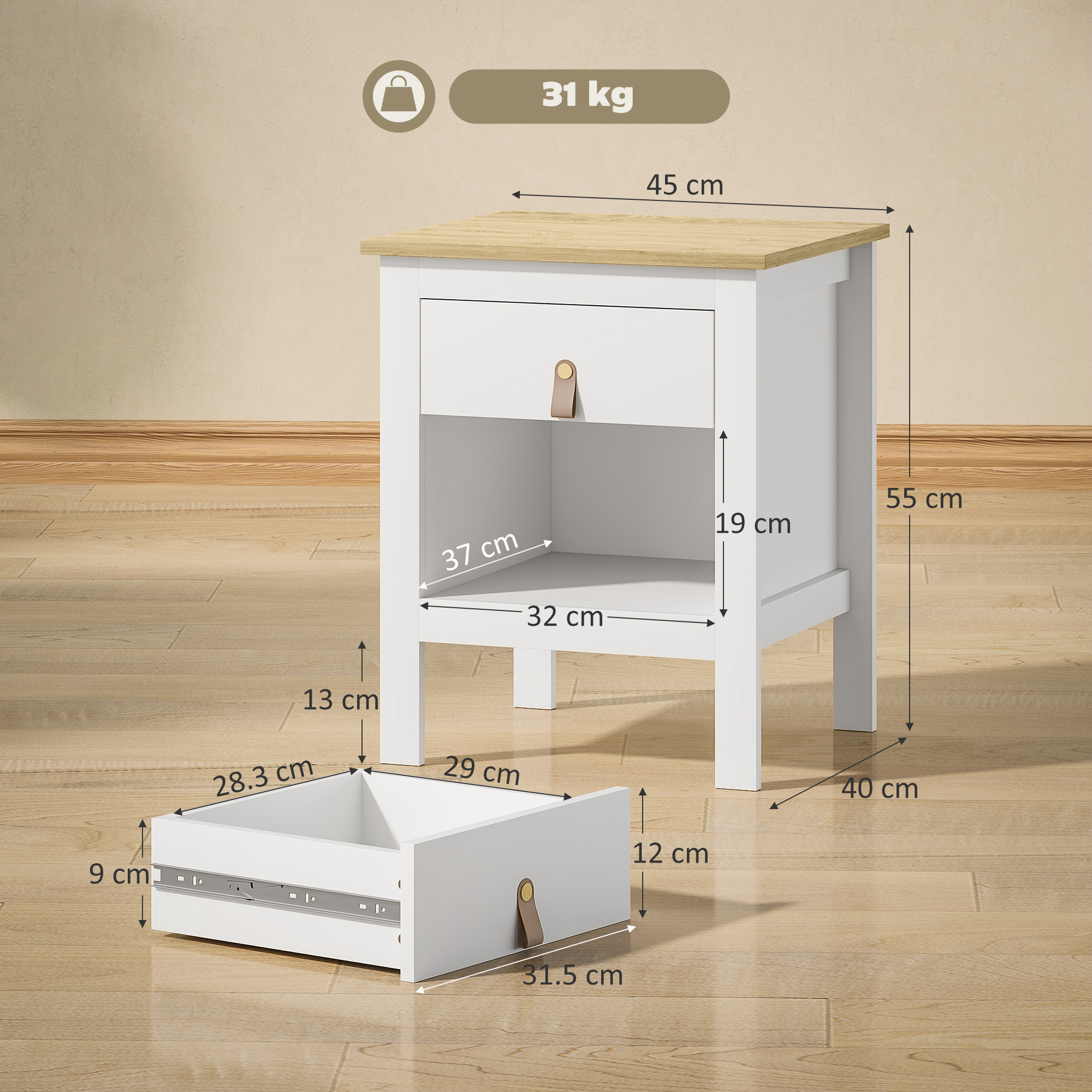  Set 2 Noptiere cu Sertar si Raft Deschis din Lemn, 45x40x55 cm, Alb si Stejar [2]