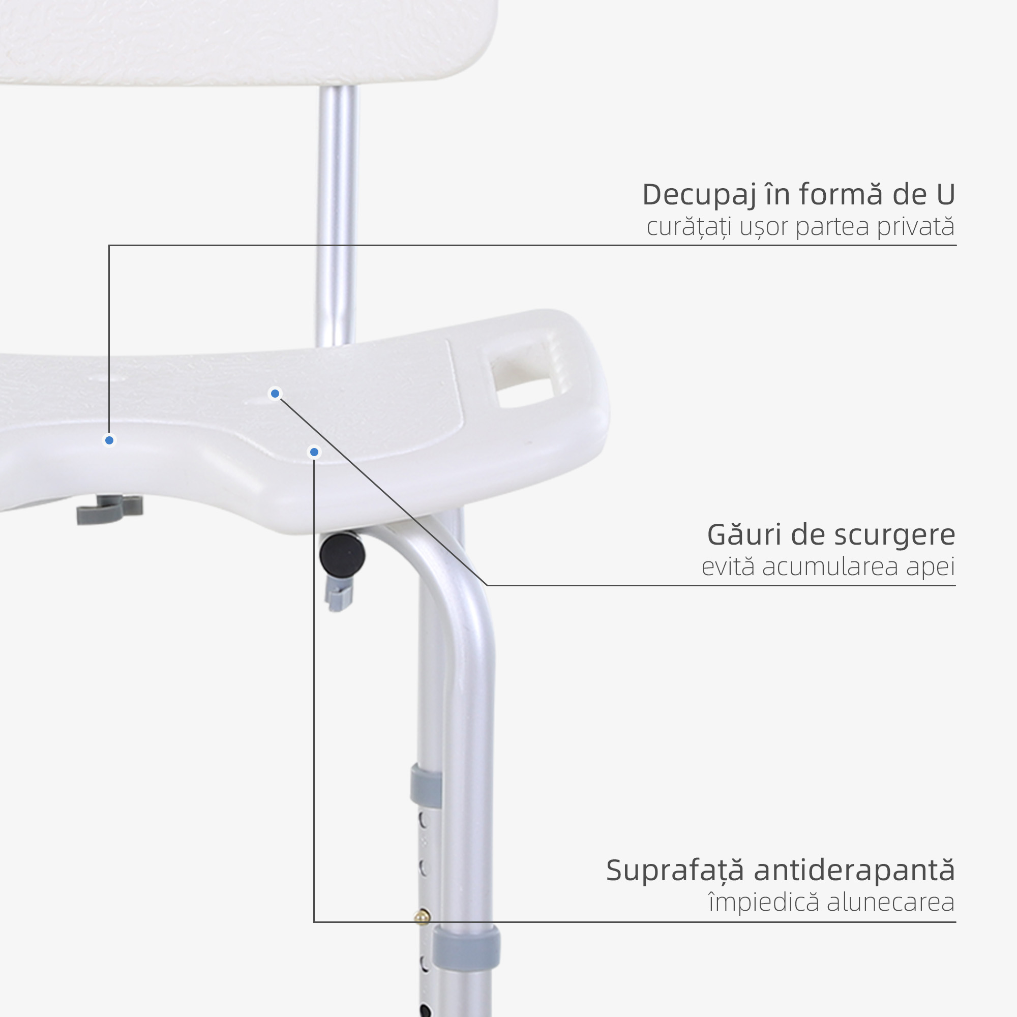  Scaun de Dus Reglabil pe 8 Nivele cu Orificii de Drenaj si sezut in Forma de U, 48x42x71-83,5 cm, Alb [3]
