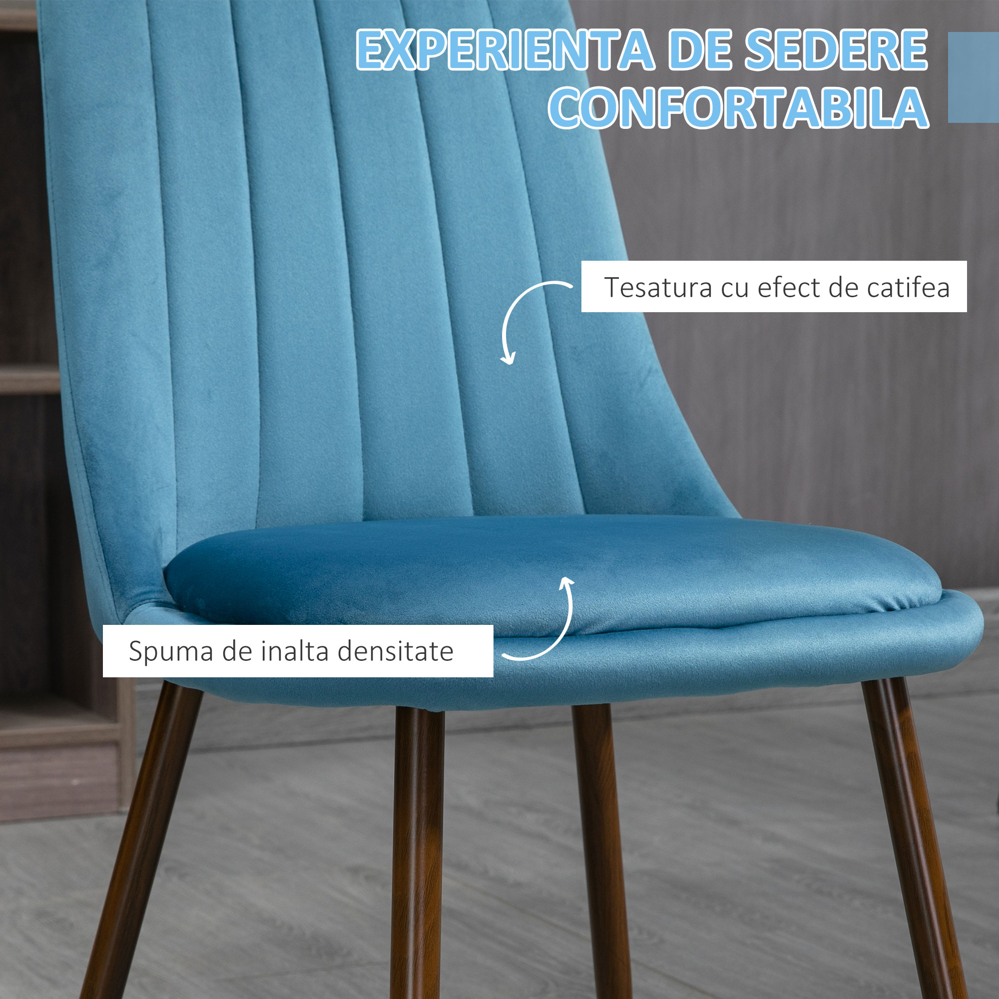  Set de 4 Scaune de Masa, Scaune de Bucatarie Moderne cu Tapiterie de Catifea, Spatar Curbat si Picioare de Otel pentru Camera de Zi, Dormitor, Albastru [4]