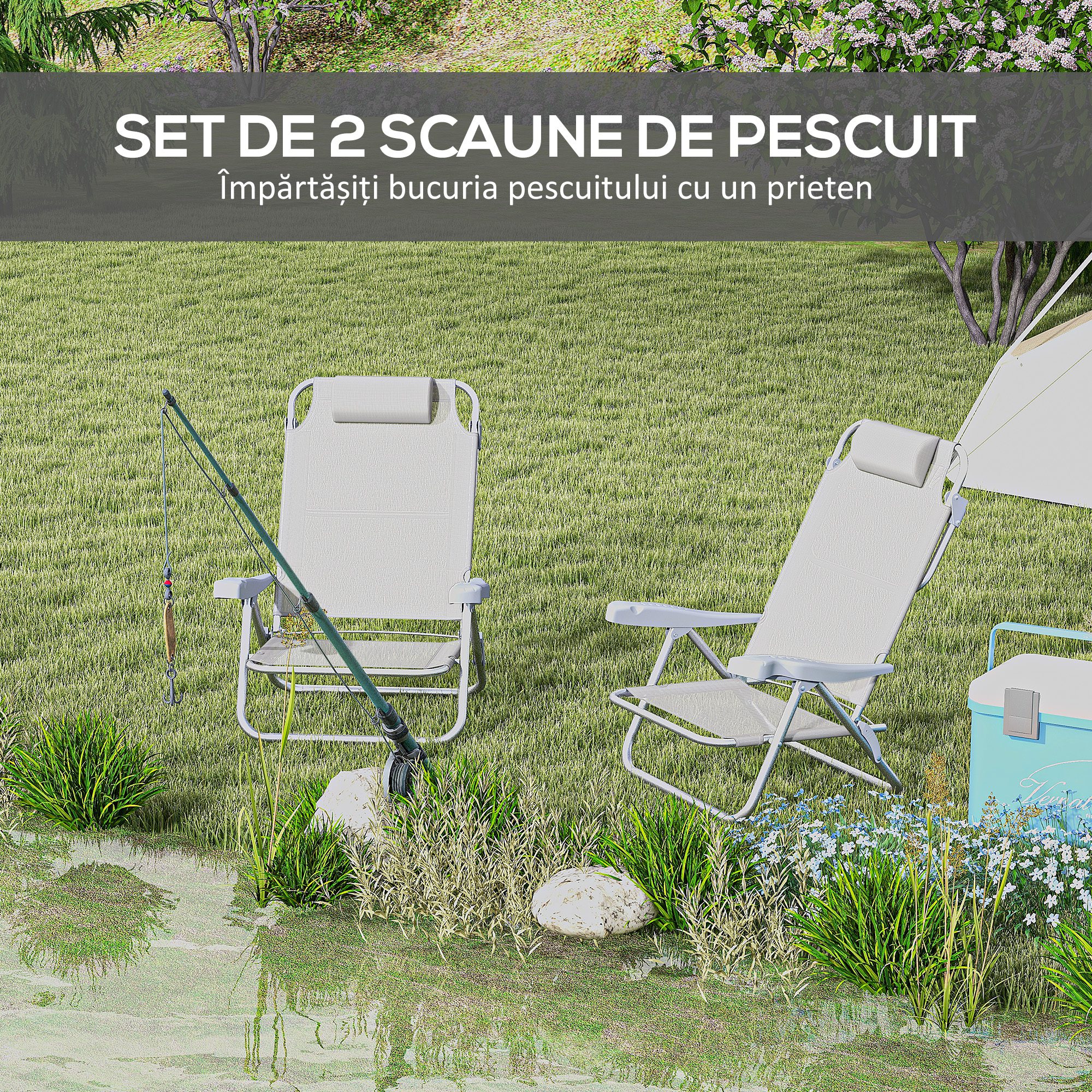 Set 2 Scaune de Camping Pliabile cu Tetiera Captusita si Spatar Reglabil in 6 Pozitii, 62x65x80 cm, Gri Deschis [3]