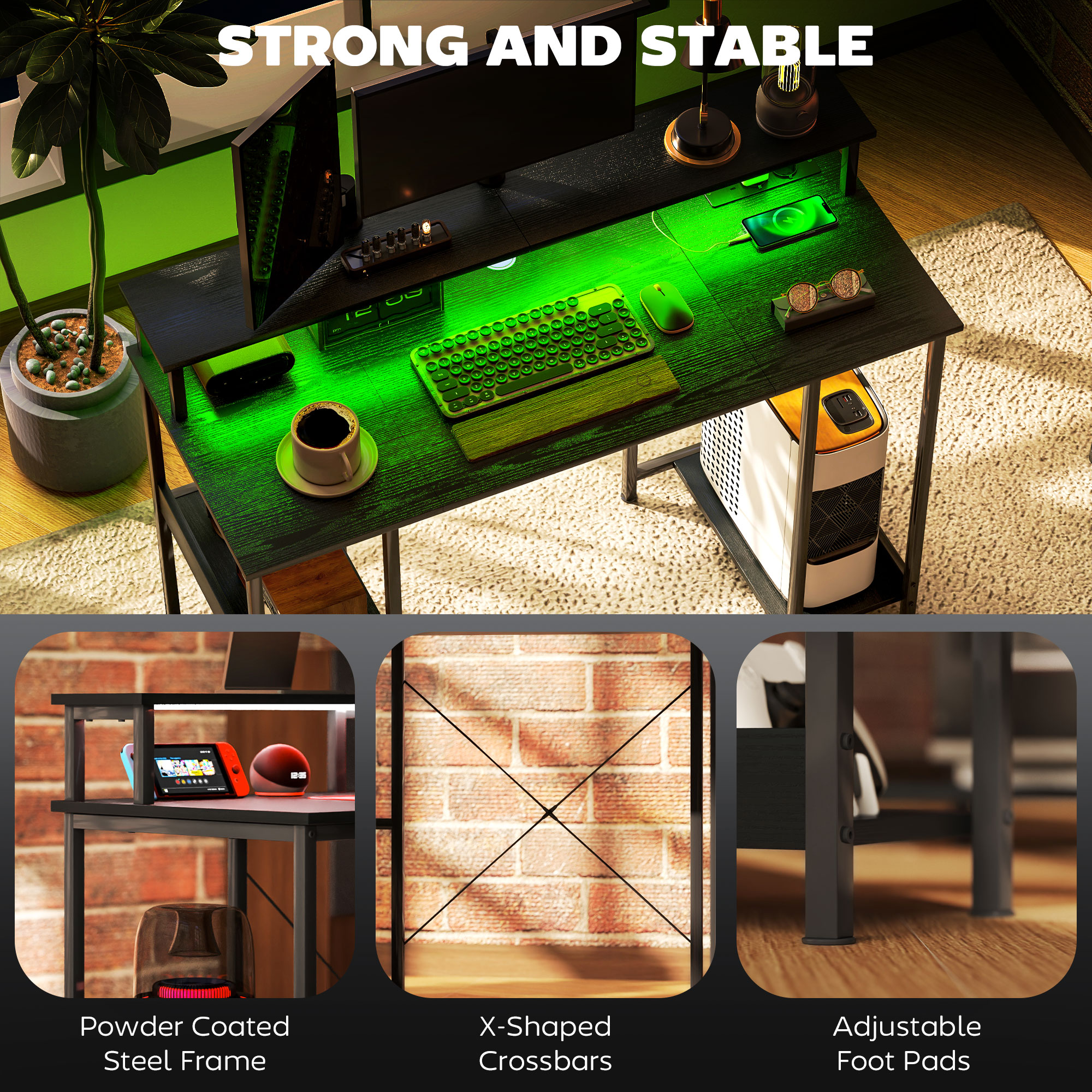  Birou Reversibil pentru Calculator cu Prize, Lumini LED, Suport Dublu si Rafturi Reglabile, 120x50x89,5 cm, Negru [8]