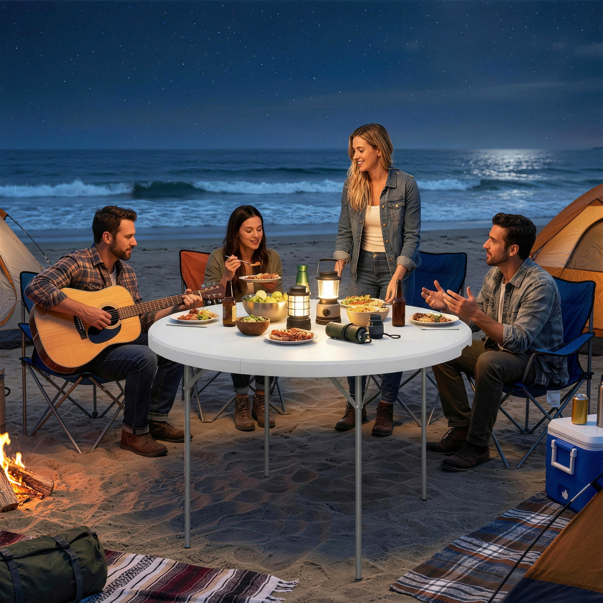  Masa de Camping Rotunda Pliabila, din Metal si HDPE, 120x120x74 cm, Alb [8]