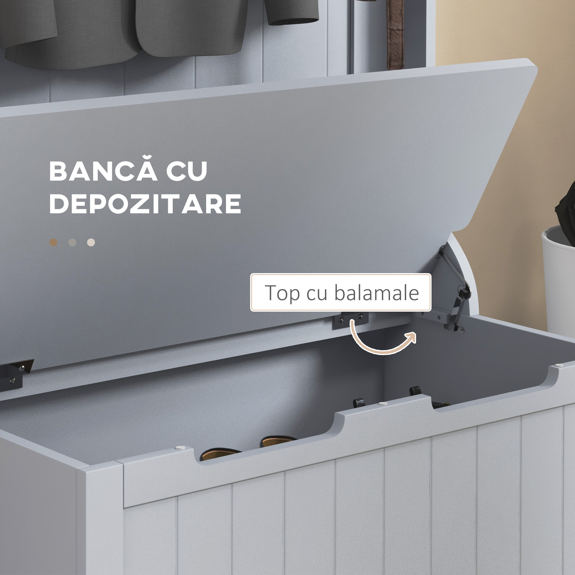  Cuier 3 in 1 cu 4 carlige si banca cu spatiu de depozitare, din lemn, 71,5x39,5x170 cm, gri [5]