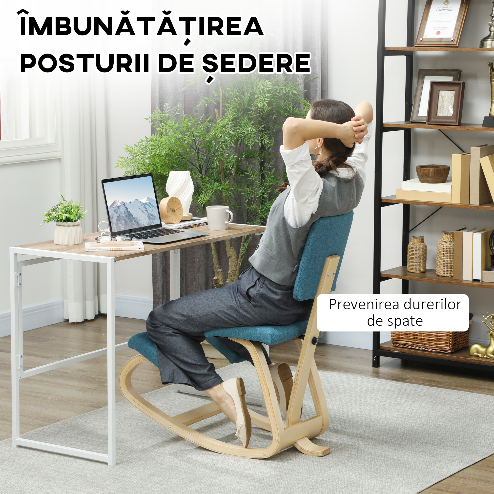  Sedia Inginocchiatoio Dondolante in Tessuto Effetto Lino e Legno di Betulla, 51x84x93 cm, Marrone Scuro [3]