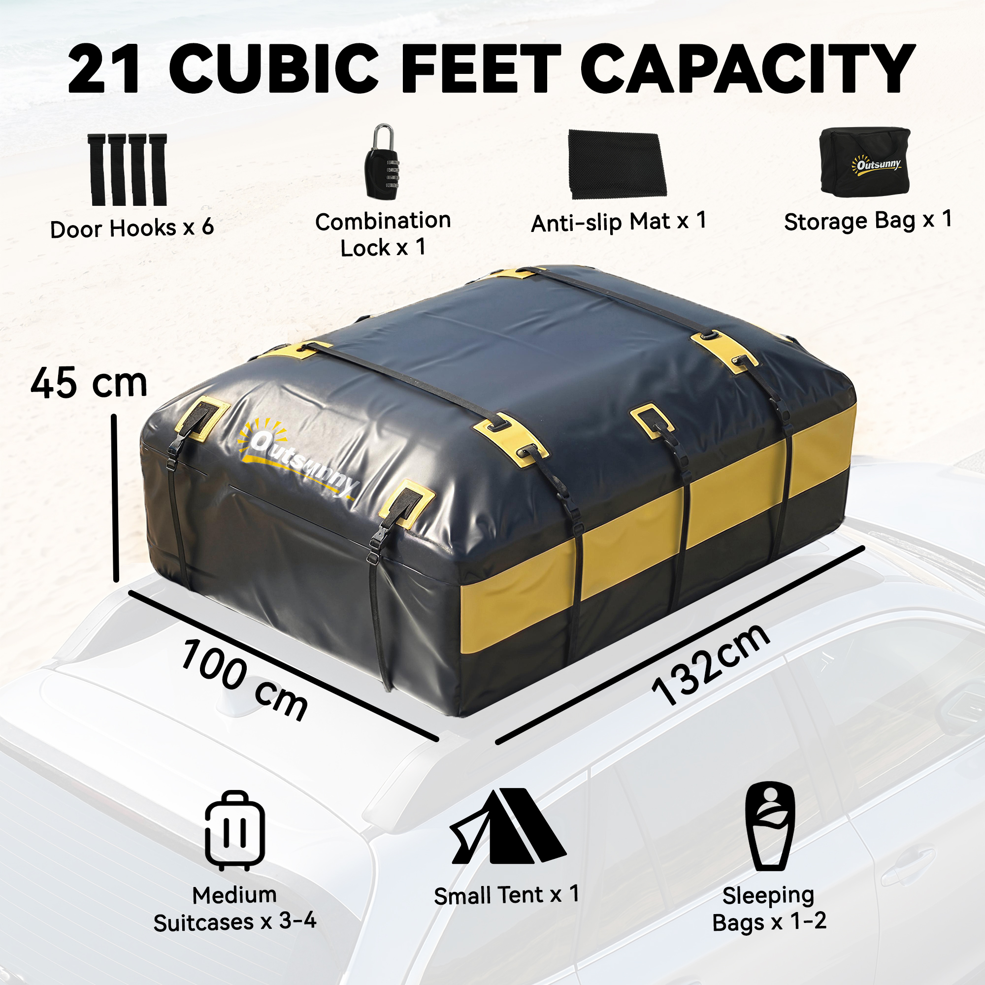  Husa portbagaj pentru acoperis 594 L impermeabila cu 6 chingi, saltea antiderapanta, carlige pentru vehicule, galben [2]