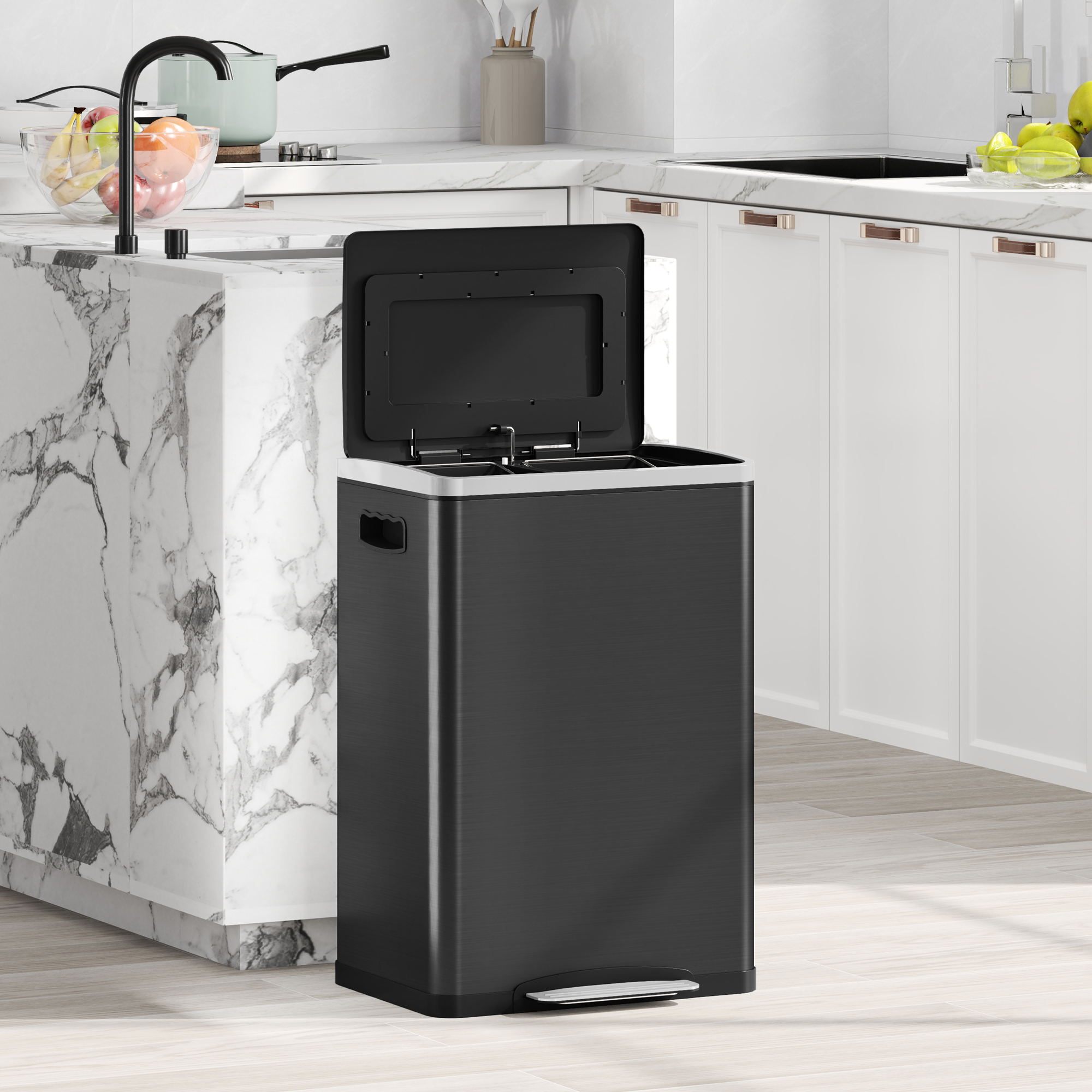  Cos de Gunoi cu 2 Sectiuni cu Pedala de 20L din Otel si PP Negru [7]