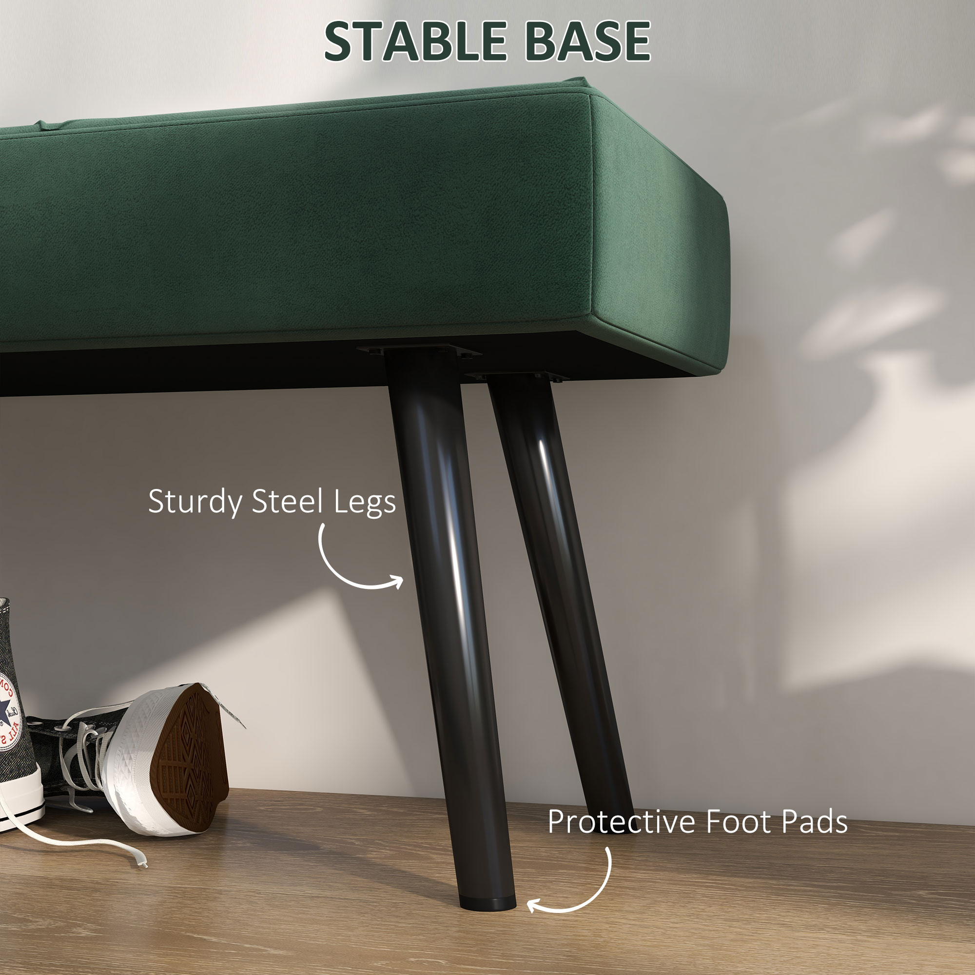  Banca Tapitata pentru Dormitor, din Catifea si Otel, 100x36x45 cm, Verde si Negru [4]