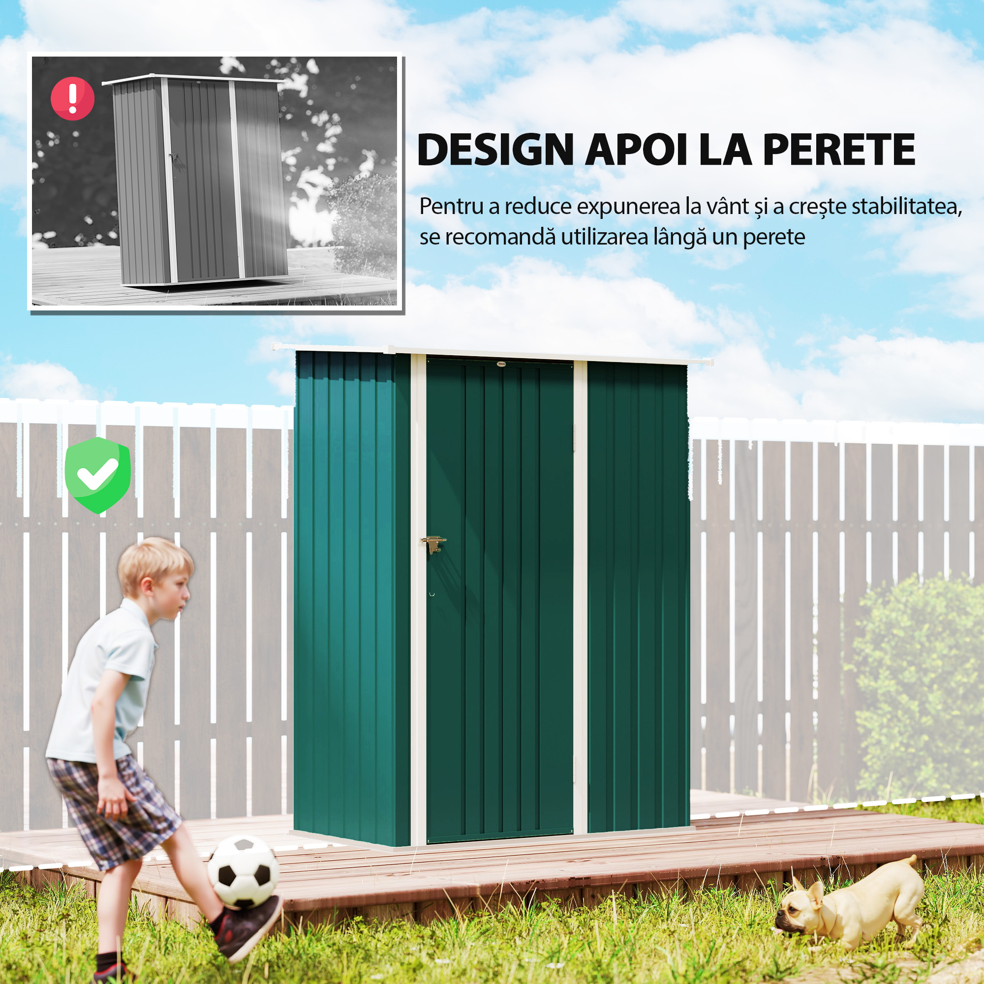 Magazie pentru unelte din metal cu acoperis inclinat si usa blocabila, 142x86x189 cm, verde [5]