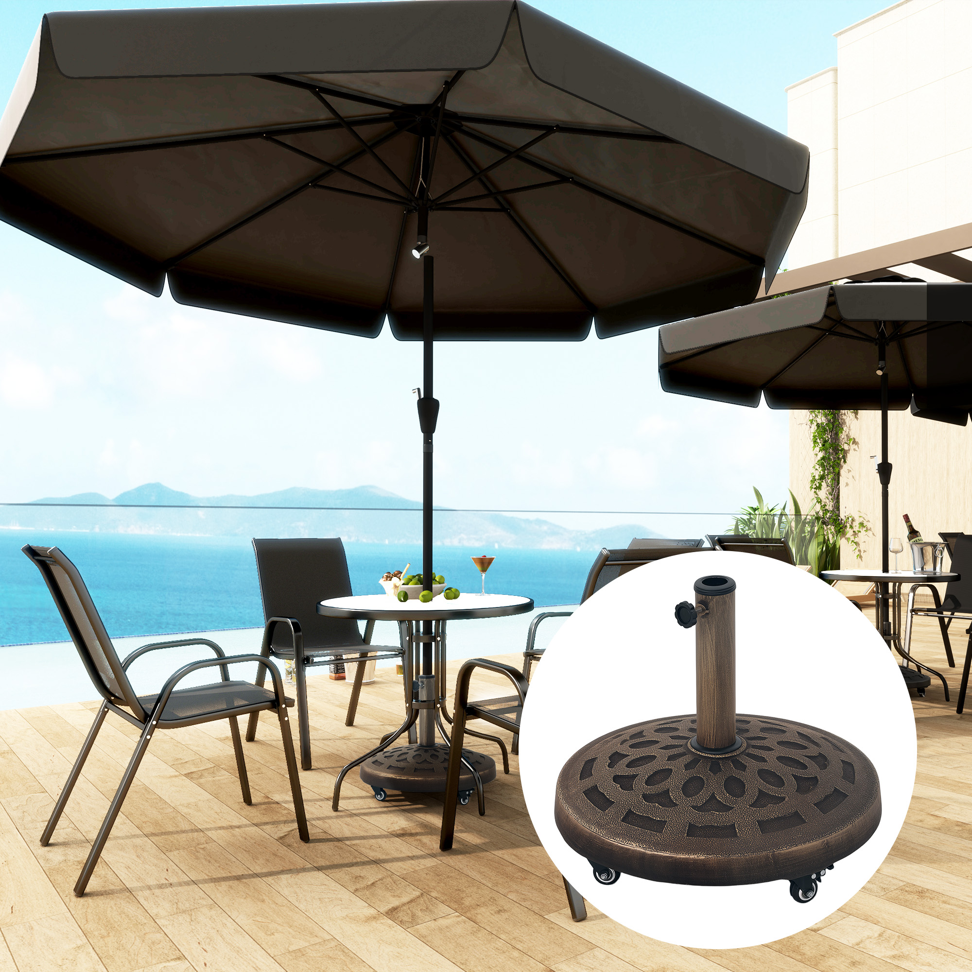  Baza Rotunda pentru Umbrela de Gradina cu Roti, Baza pentru Umbrela din Rasina de 21 kg, Suport Robust pentru Stalpi de 32mm/38mm/48mm pentru Exterior, Margine Piscina, Bronz [1]
