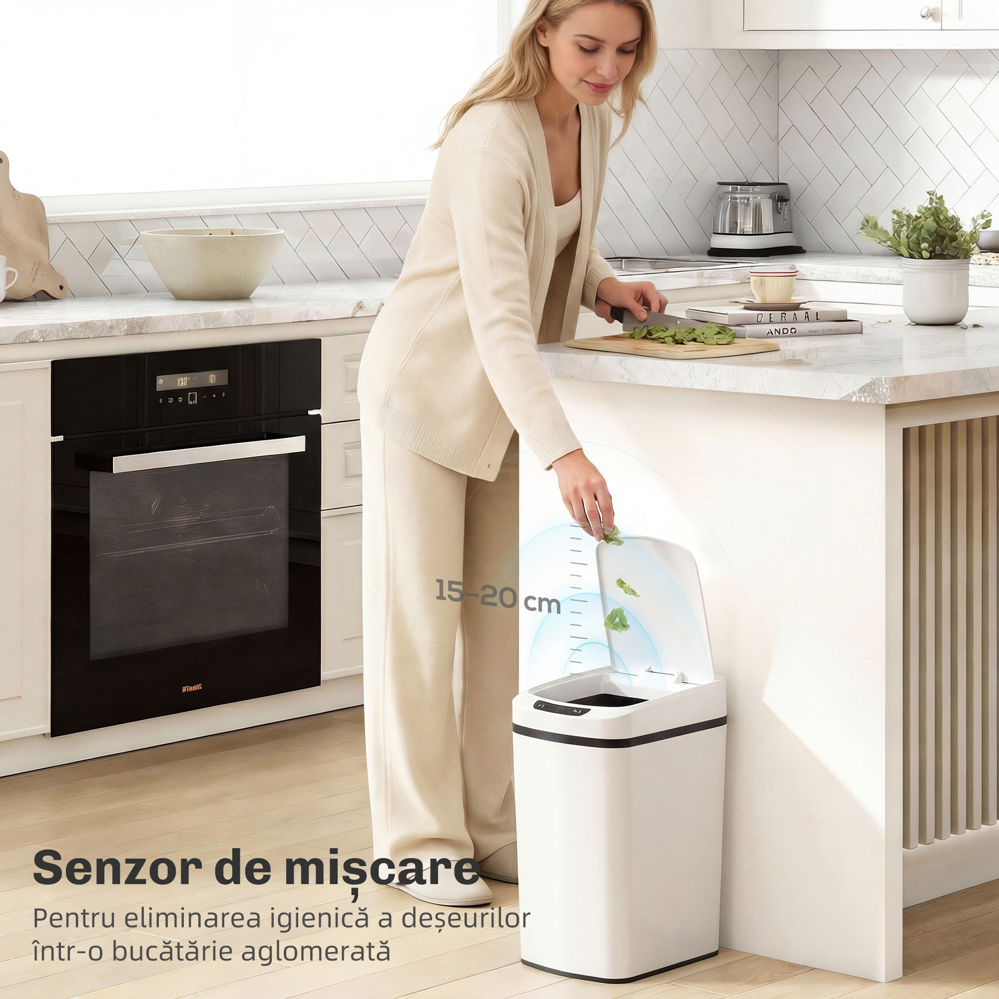  Cos de Gunoi cu Senzor, 12L, Buton Touch si Galeata Detasabila, Otel Inoxidabil, ABS si PP, 28x22x41 cm, Alb [3]