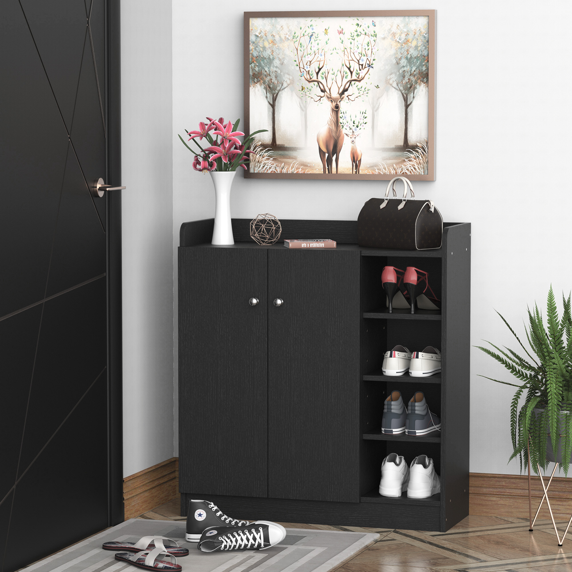  Dulap Pantofi Negru - 2 Usi Basculante, 83×30×90 cm [1]