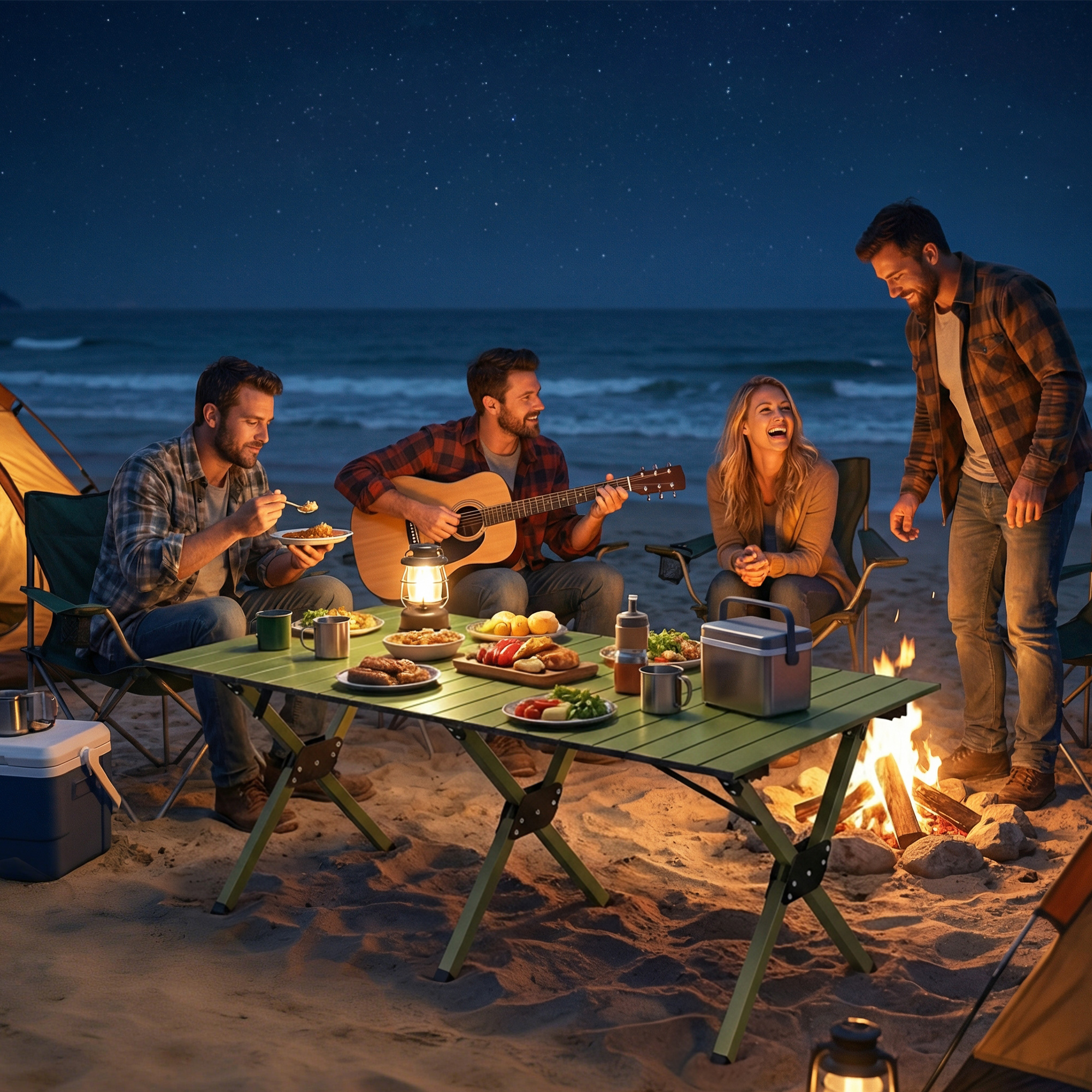  Masa de Camping Pliabila 116 cm, Masa de Picnic Rezistenta la Apa cu Suprafata Rulabila si Cadru Metalic, Verde [8]